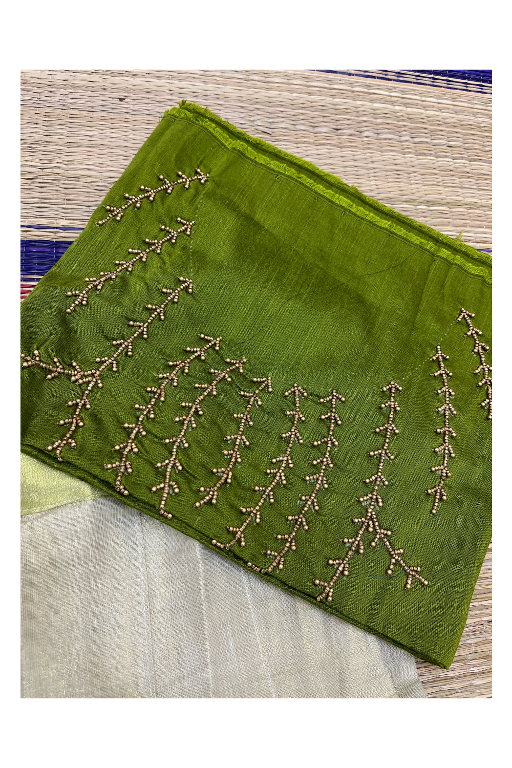 Semi Stitched Pavada Blouse with Tissue and Green Bead Works