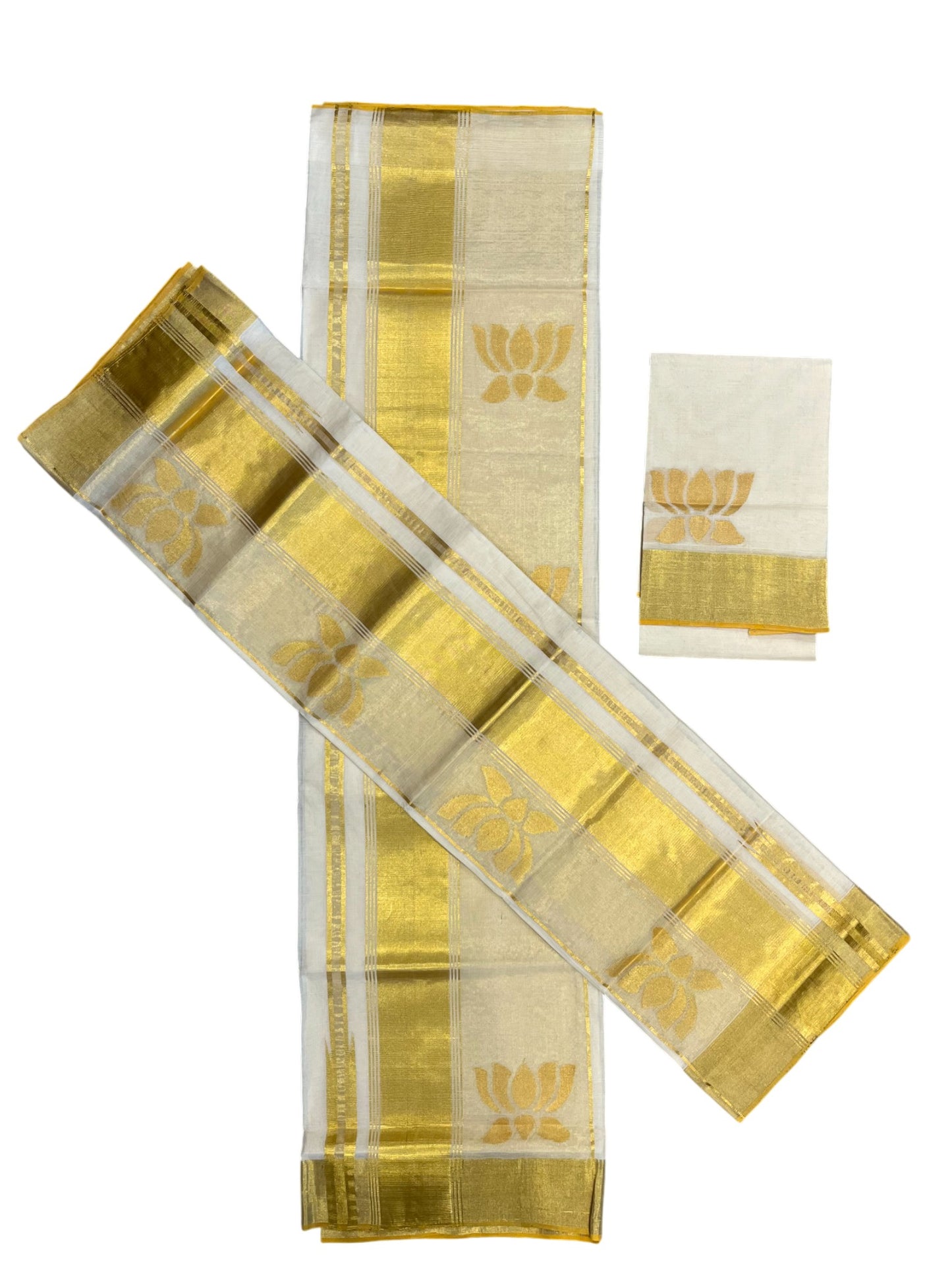 Southloom Super Premium Balaramapuram Handloom Pure Cotton Unakkupaavu Lotus Design Wedding Pudava Set Mundu