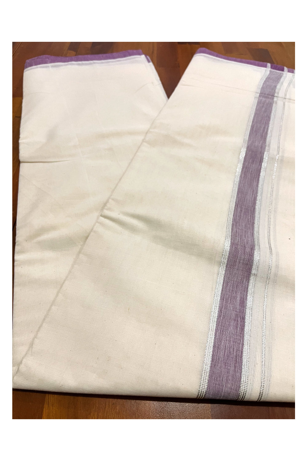 Cotton Double Mundu with Purple and Silver Kasavu Kara (South Indian Kerala Dhoti)