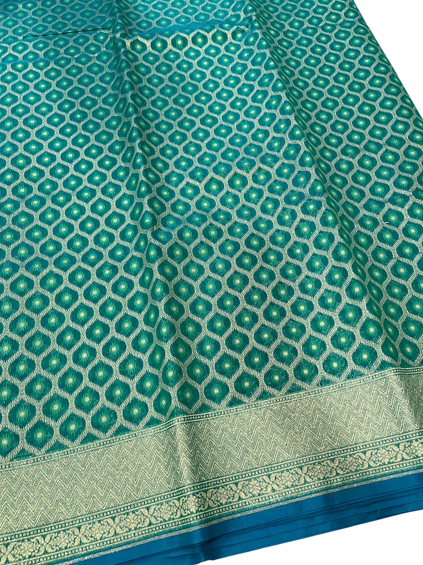 Southloom Cotton Banarasi Silk Saree with Woven Work on Body and Borders (Blue & Green)