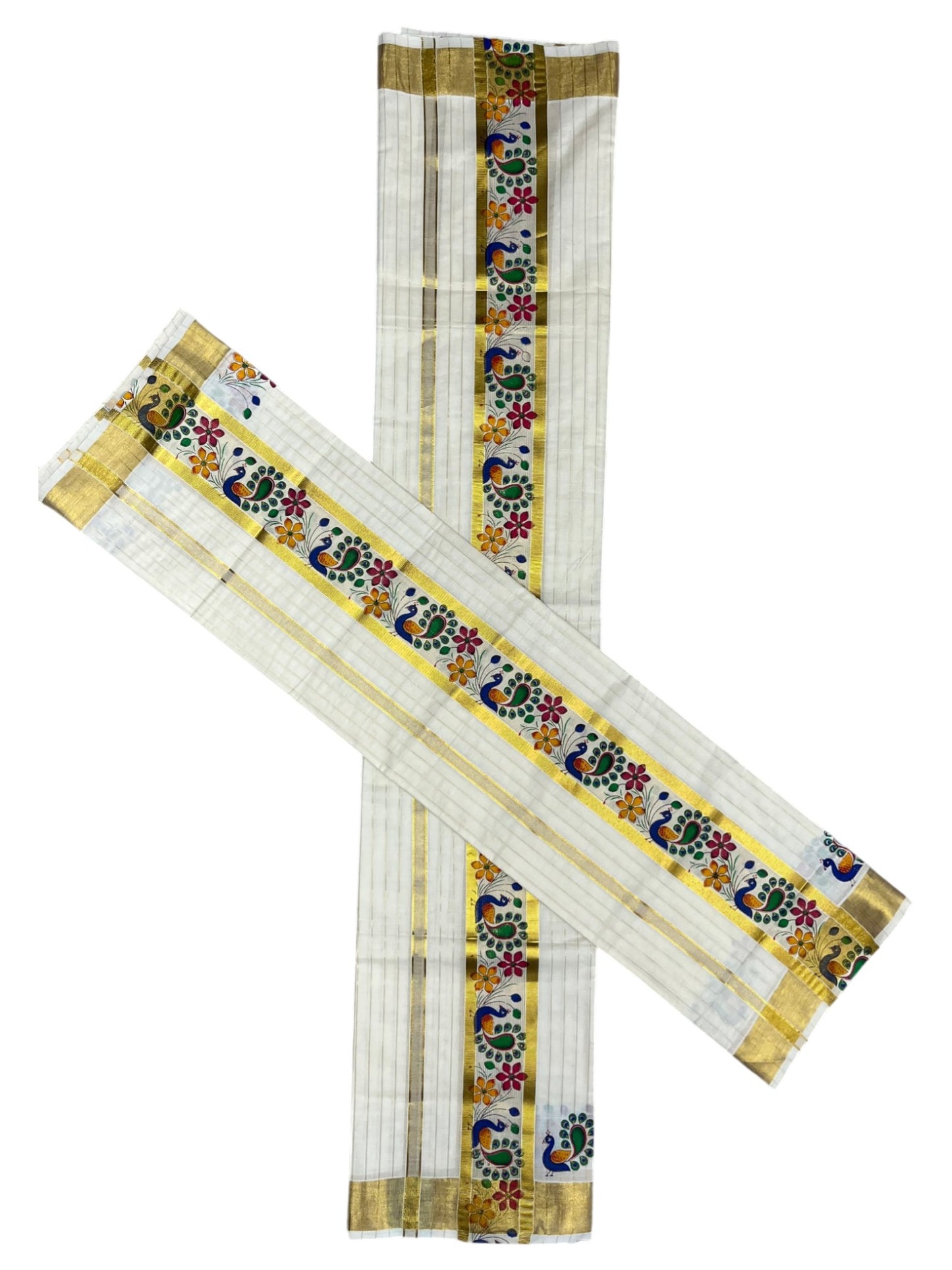 Southloom Cotton Lines Single Set Mundu (Mundu Neriyathum)Peacock Digital Print With Gold Border Kasavu in 2.80 Mtrs