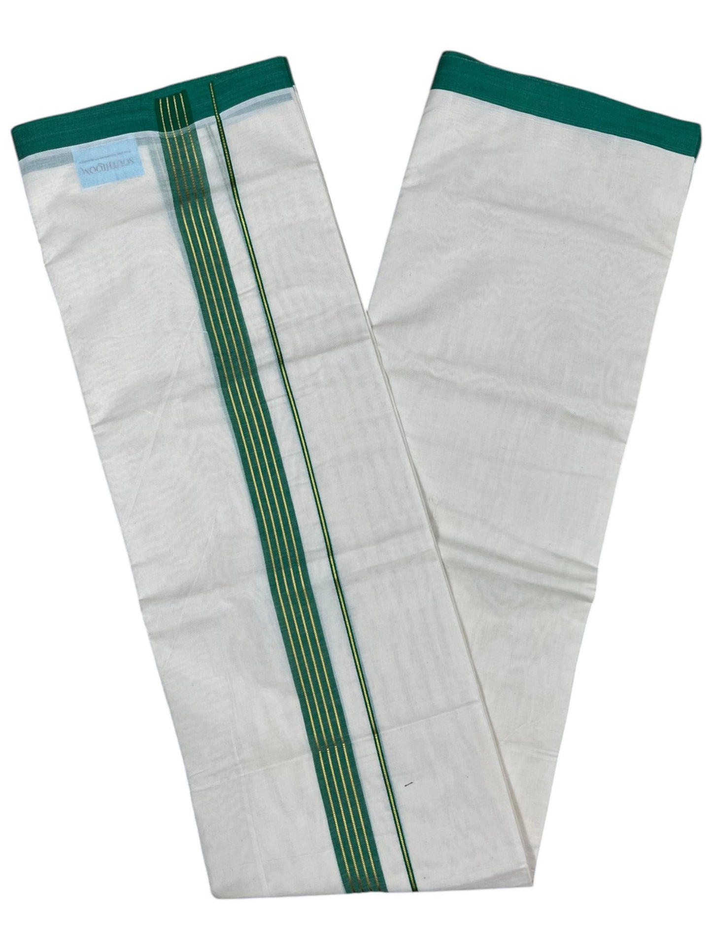 Southloom Pure Cotton Mundu with Gold Lines and Green Border (South Indian Kerala Dhoti)