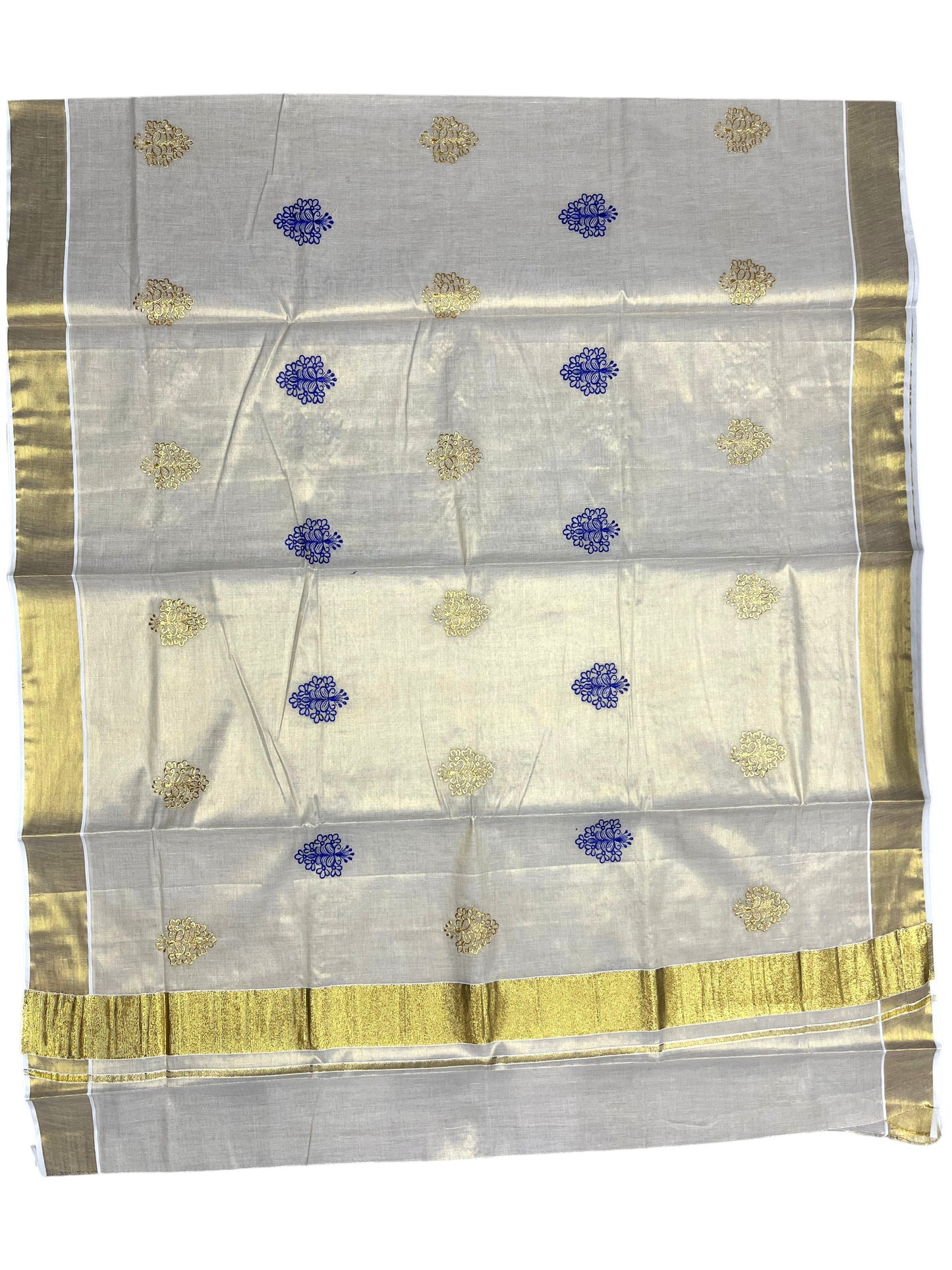 Southloom Kerala Tissue Kasavu Saree with Gold And Blue Floral Embroidery Work on Body