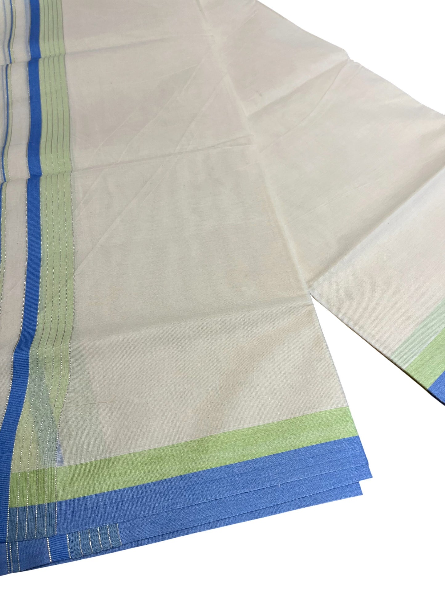 Southloom Kerala Pure Cotton Double Mundu with Green & Blue Border (South Indian Dhoti)
