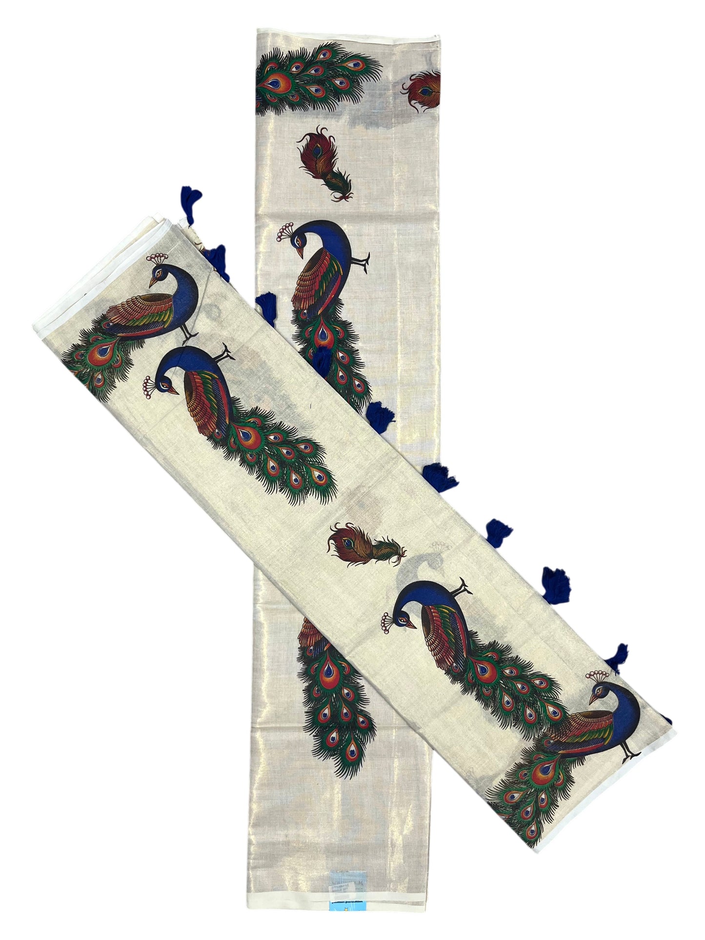 Southloom Tissue Single Set Mundu (Mundu Neriyathum) With Peacock Digital Print With Tussles in Blue 2.80 Mtrs )
