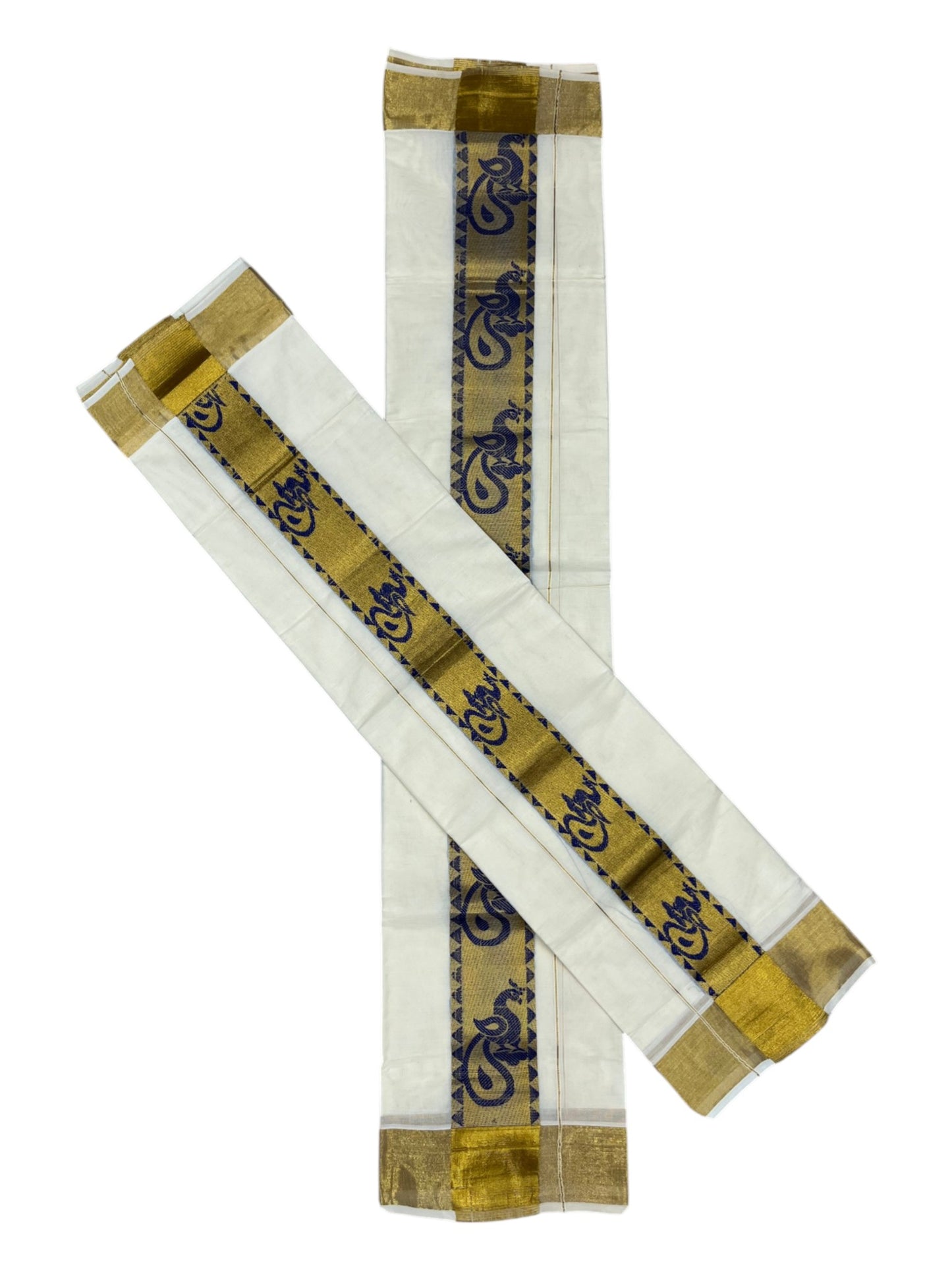 Kerala Pure Cotton  Set Mundu (Mundum Neriyathum) with Blue Block Prints on Kasavu Border-2.80Mtrs