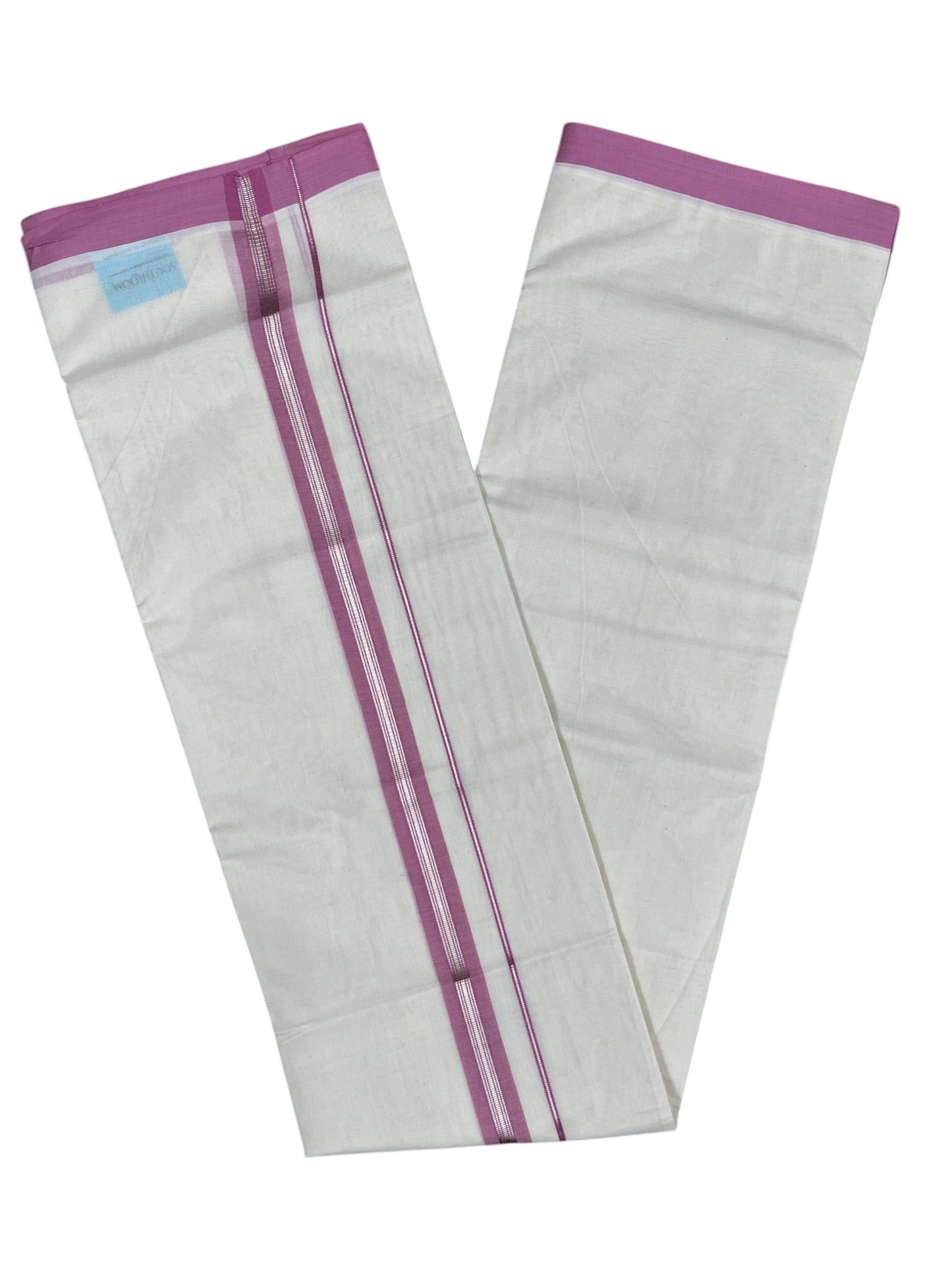 Southloom Pure Cotton Mundu with Silver Lines and Pink Border (South Indian Kerala Dhoti)