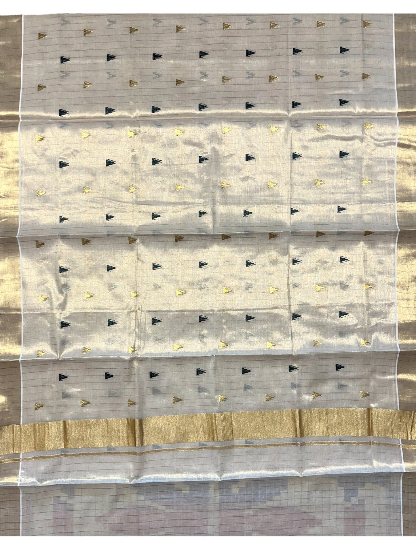 Southloom Kerala Tissue Kasavu Stripes Saree With Green Temple Embroidery on Body