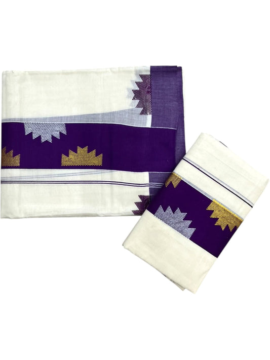 Southloom Pure Cotton Single Set Mundu (Mundum Neriyathum) With Temple Design & Voilet Border 2.80 Mtrs SL631