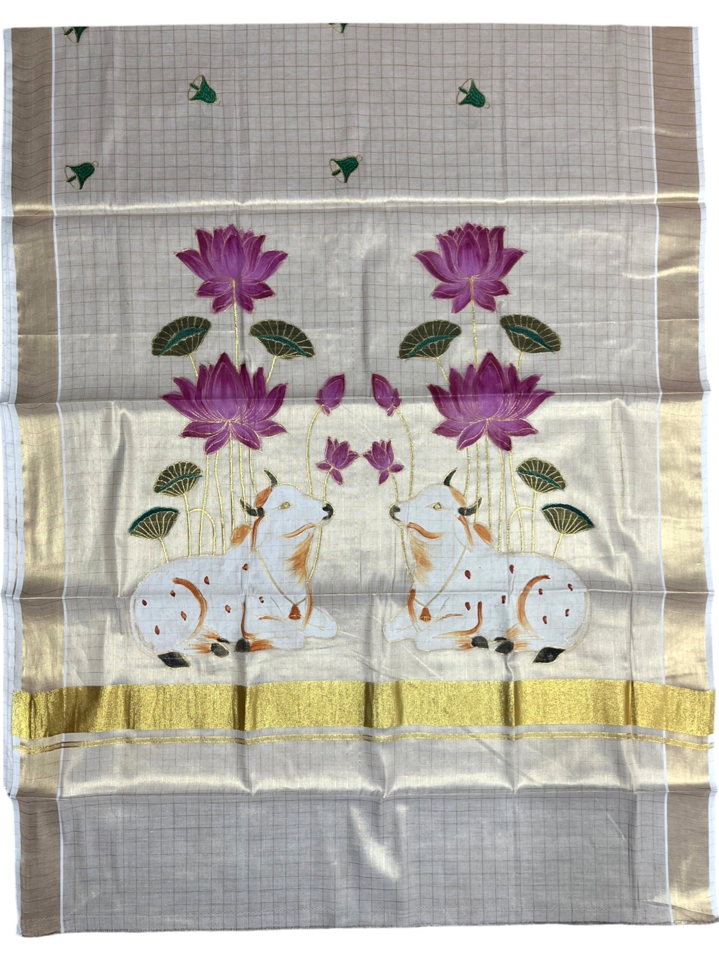 Southloom Tissue Kerala Kasavu Saree with Check Hand Painted Embroidery Nandi and Lotus Design