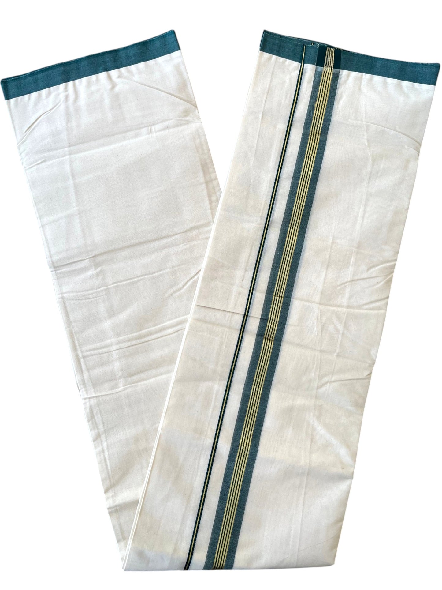Southloom Pure Cotton Mundu with Golden Lines and Green Border (South Indian Kerala Dhoti)