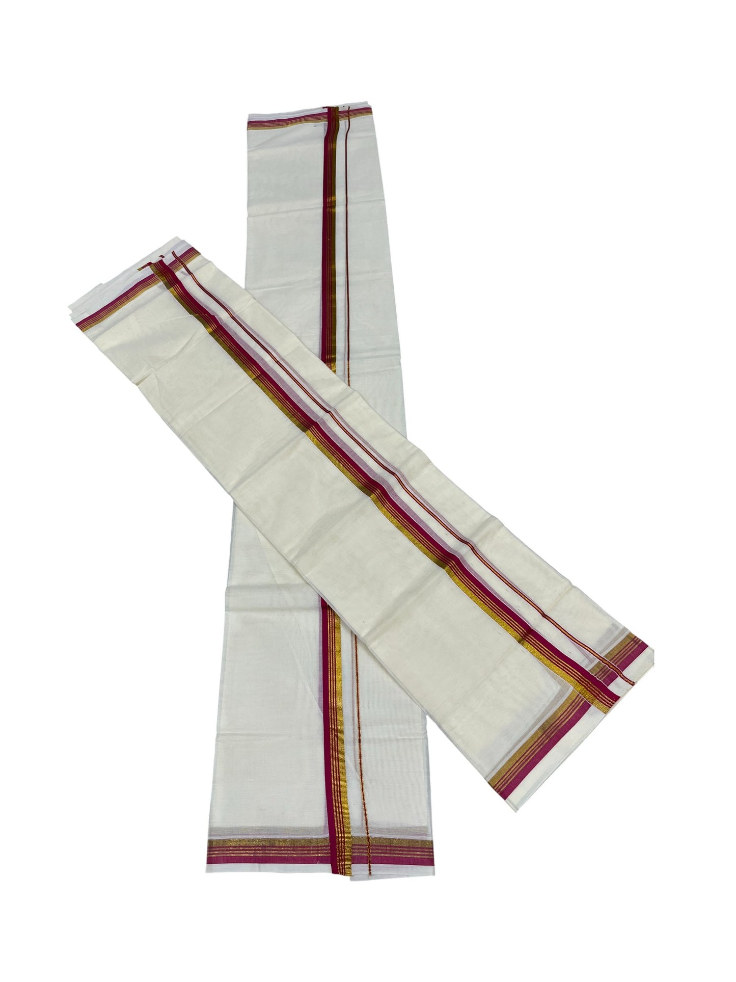 Pure Cotton Kerala Single Set Mundu (Mundum Neriyathum) with Magenta Kasavu Border in 2.80 Mtrs
