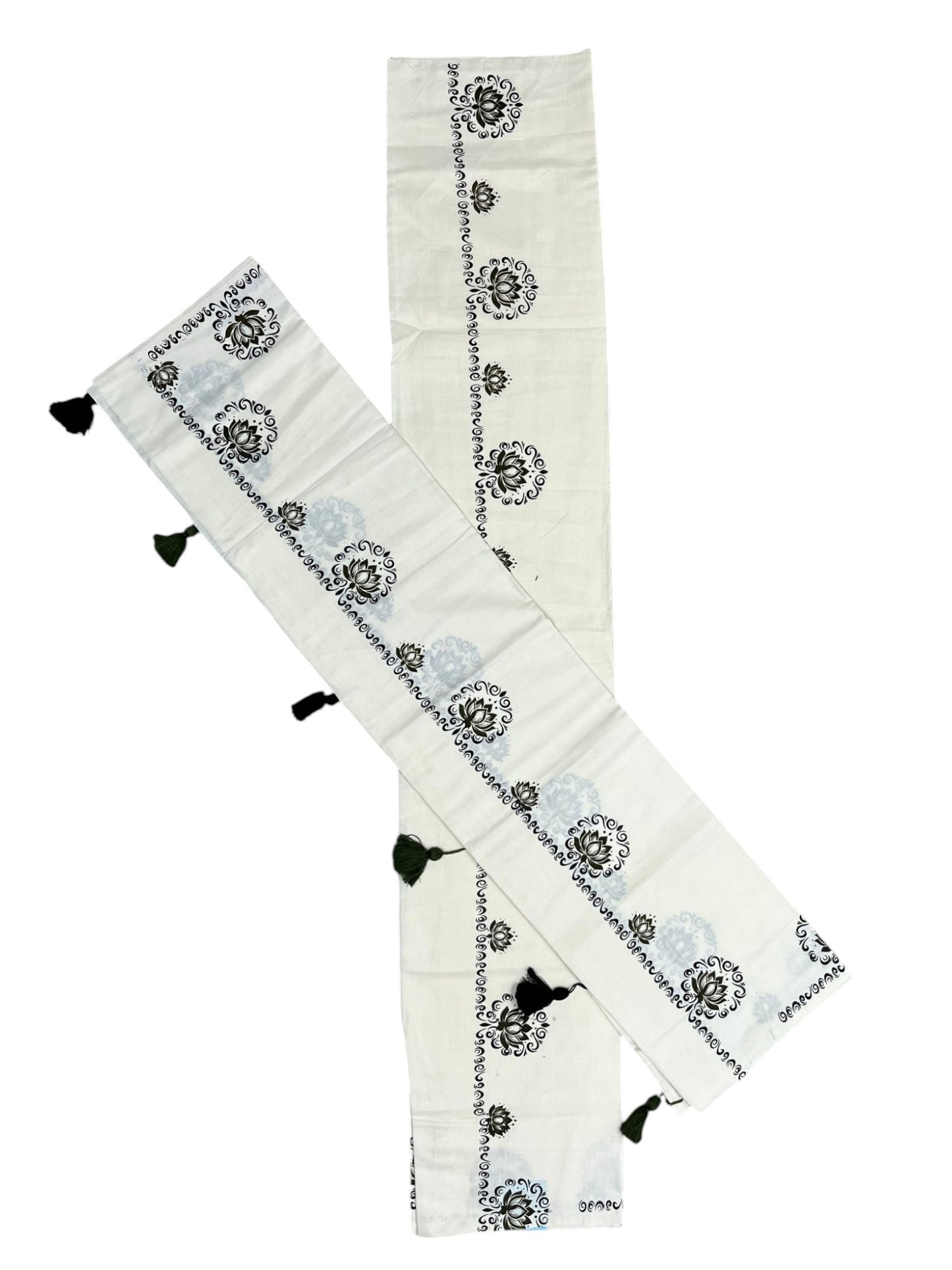 Southloom Kerala Cotton Single Set Mundu (Mundum Neriyathum) with OliveGreen &Black Lotus Block Printed Design