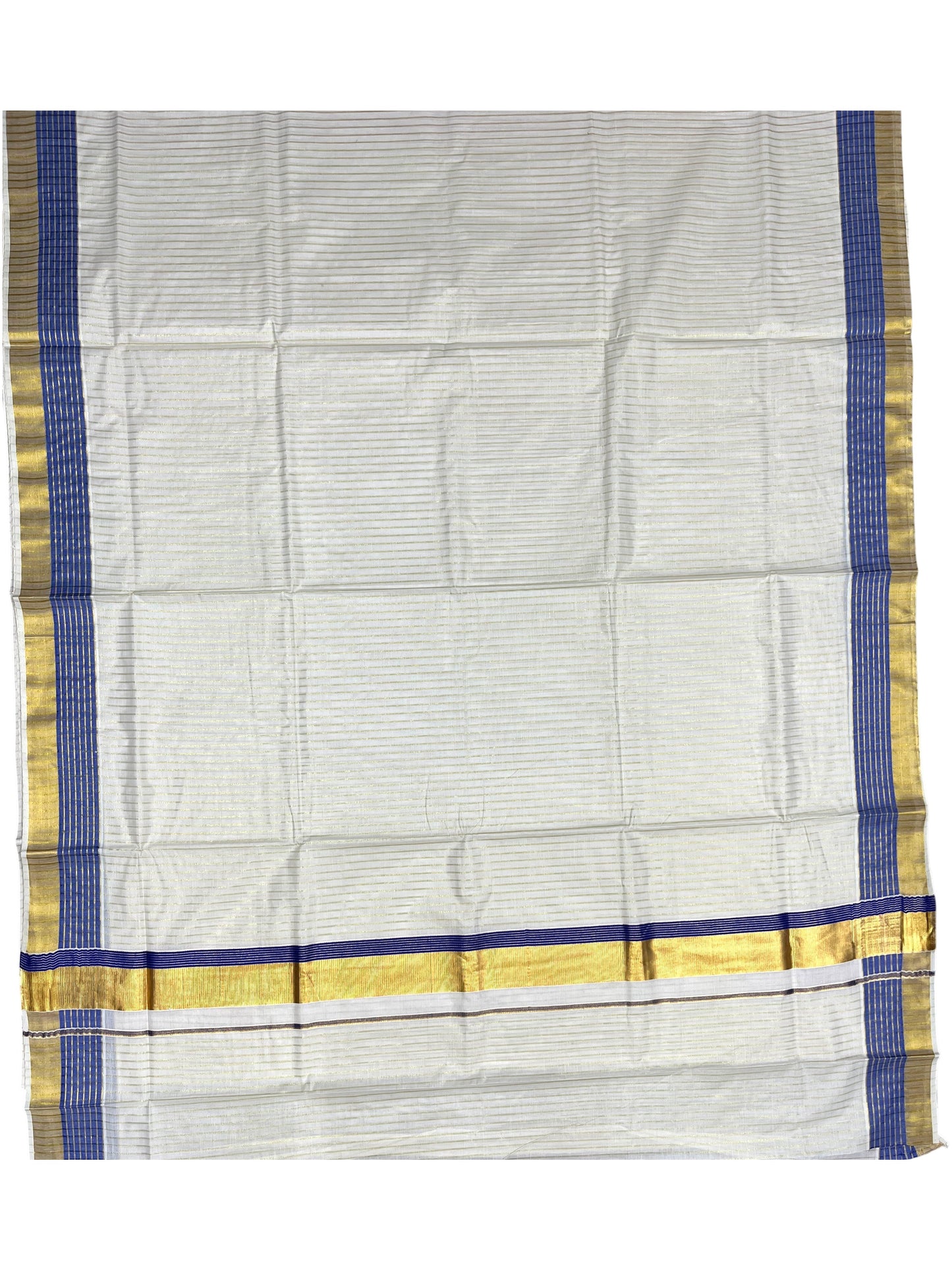 Southloom Pure Cotton Kerala Kasavu Lines Design Saree with Blue Border
