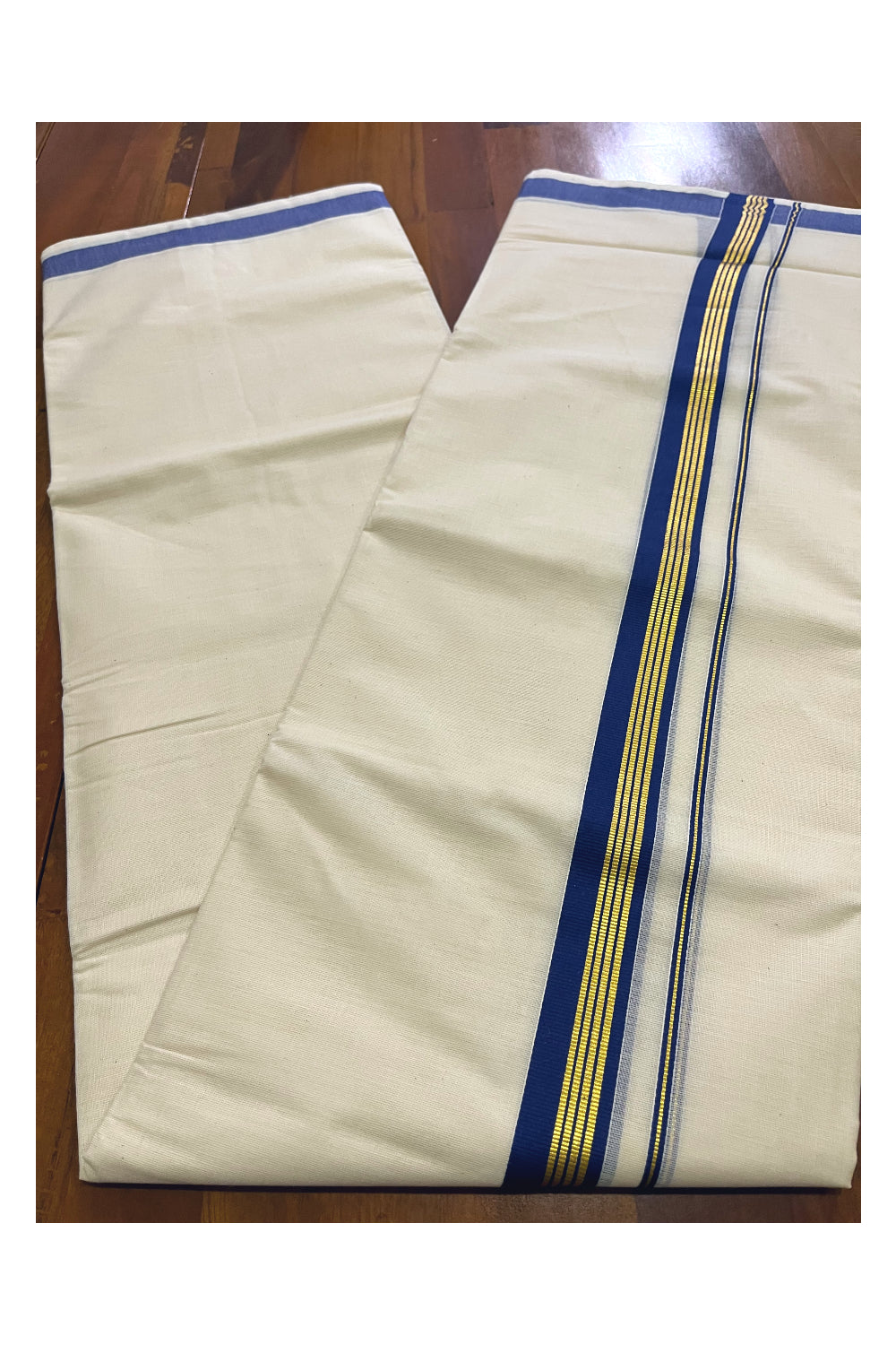 Off White Kerala Cotton Double Mundu with Kasavu and Blue Border (South Indian Kerala Dhoti)