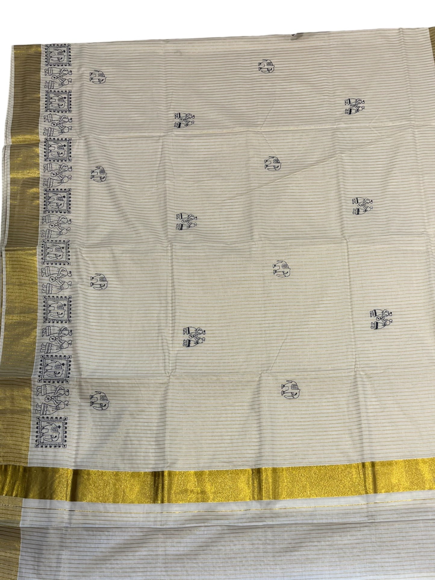 Kerala Cotton  Kasavu Saree With Mural Festival Parasol Stripes and Black Elephant Design And Embroidery Work
