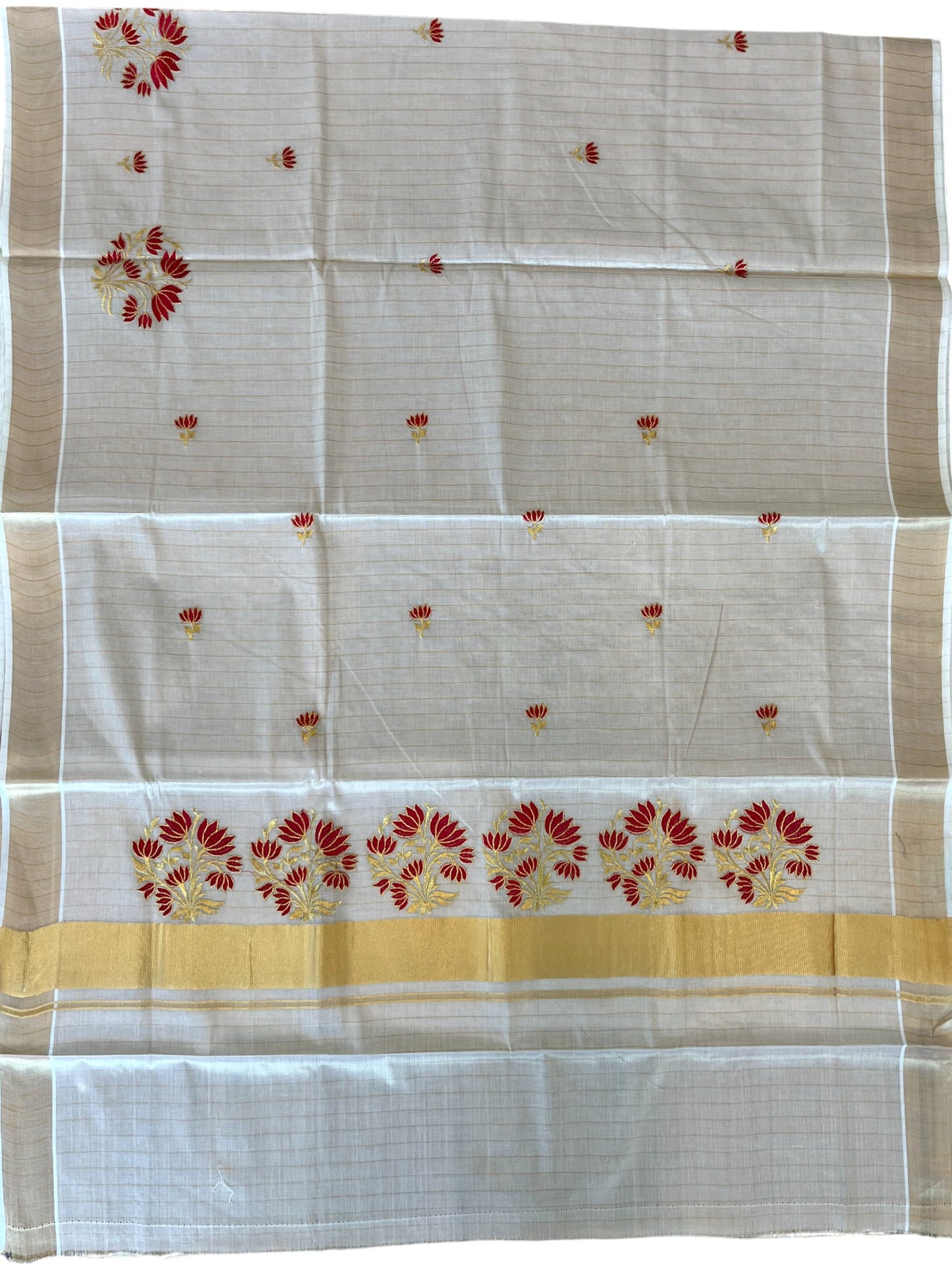 Southloom Kerala Tissue Stripes Kasavu Saree Red Floral Embroidery Design