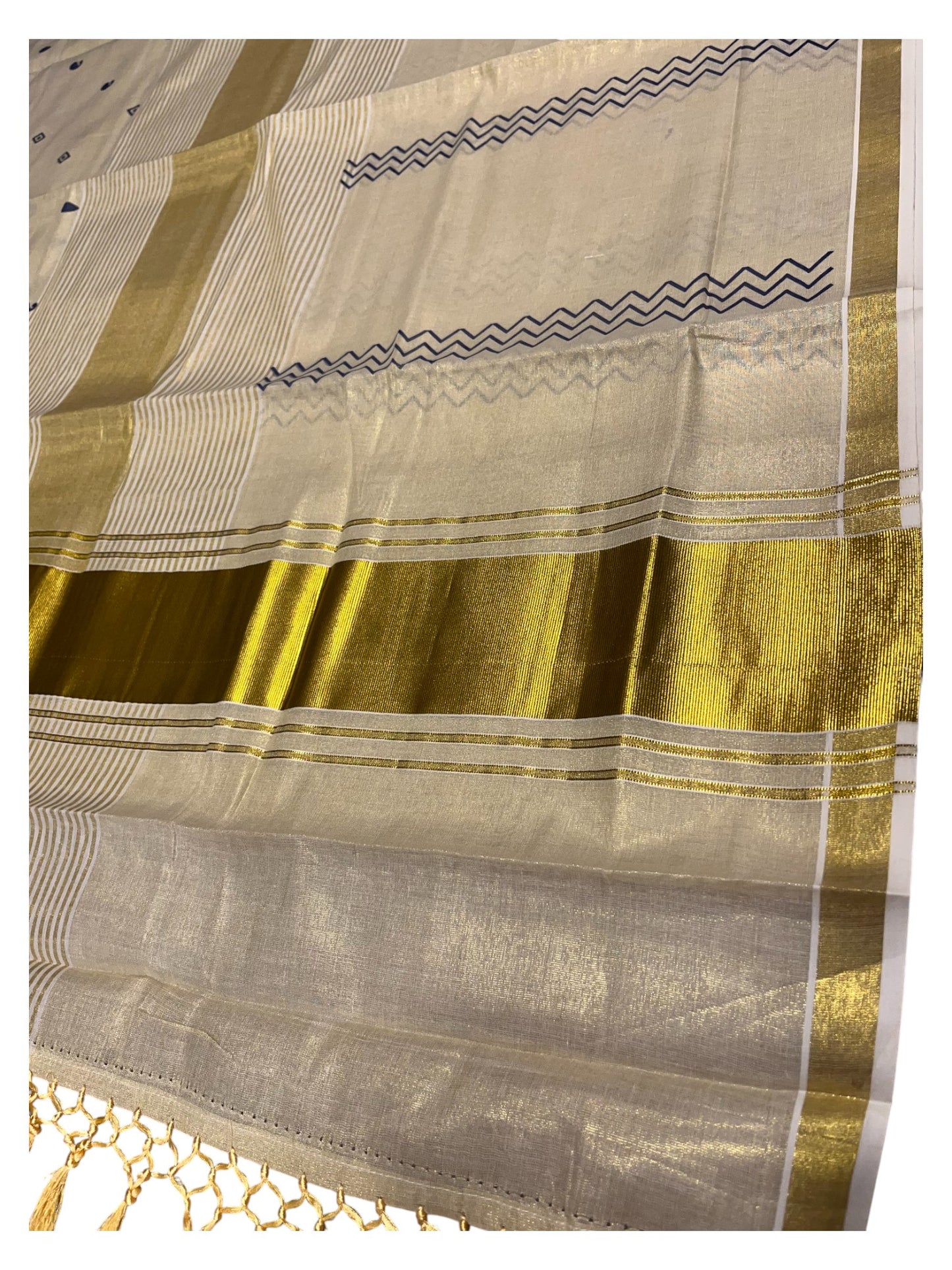 Southloom Kerala Tissue Kasavu Saree Blue Hand Printed