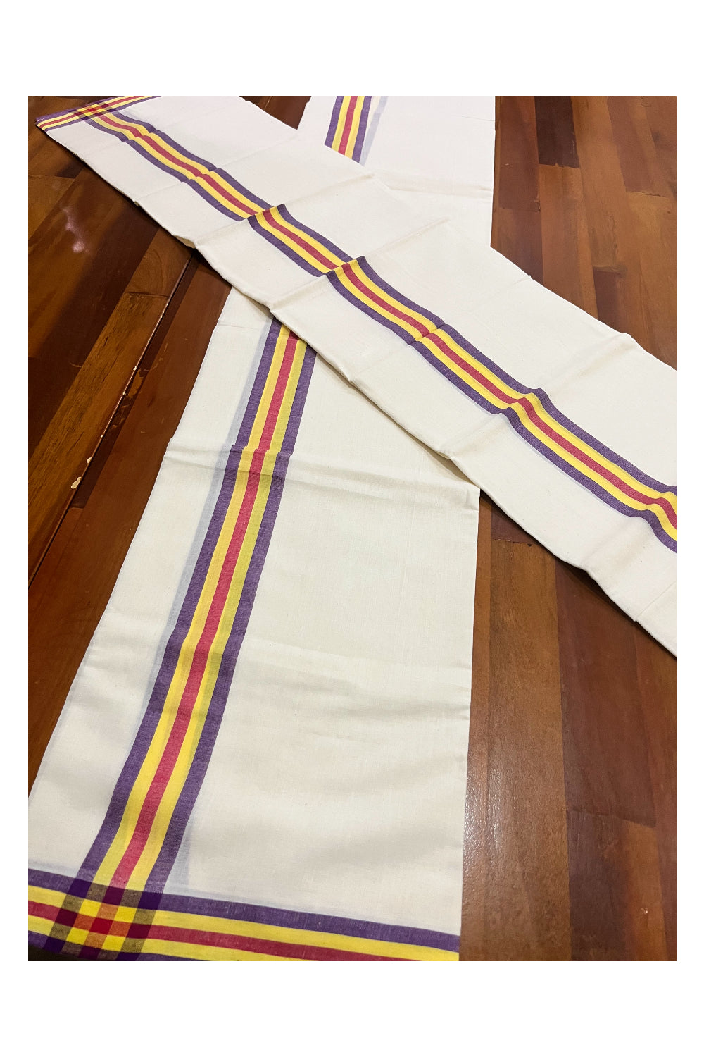 Kerala Mulloth Cotton Single Mundum Neriyathum with Violet Yellow Red Border 2.80 Mtrs (Extra Soft Cotton)