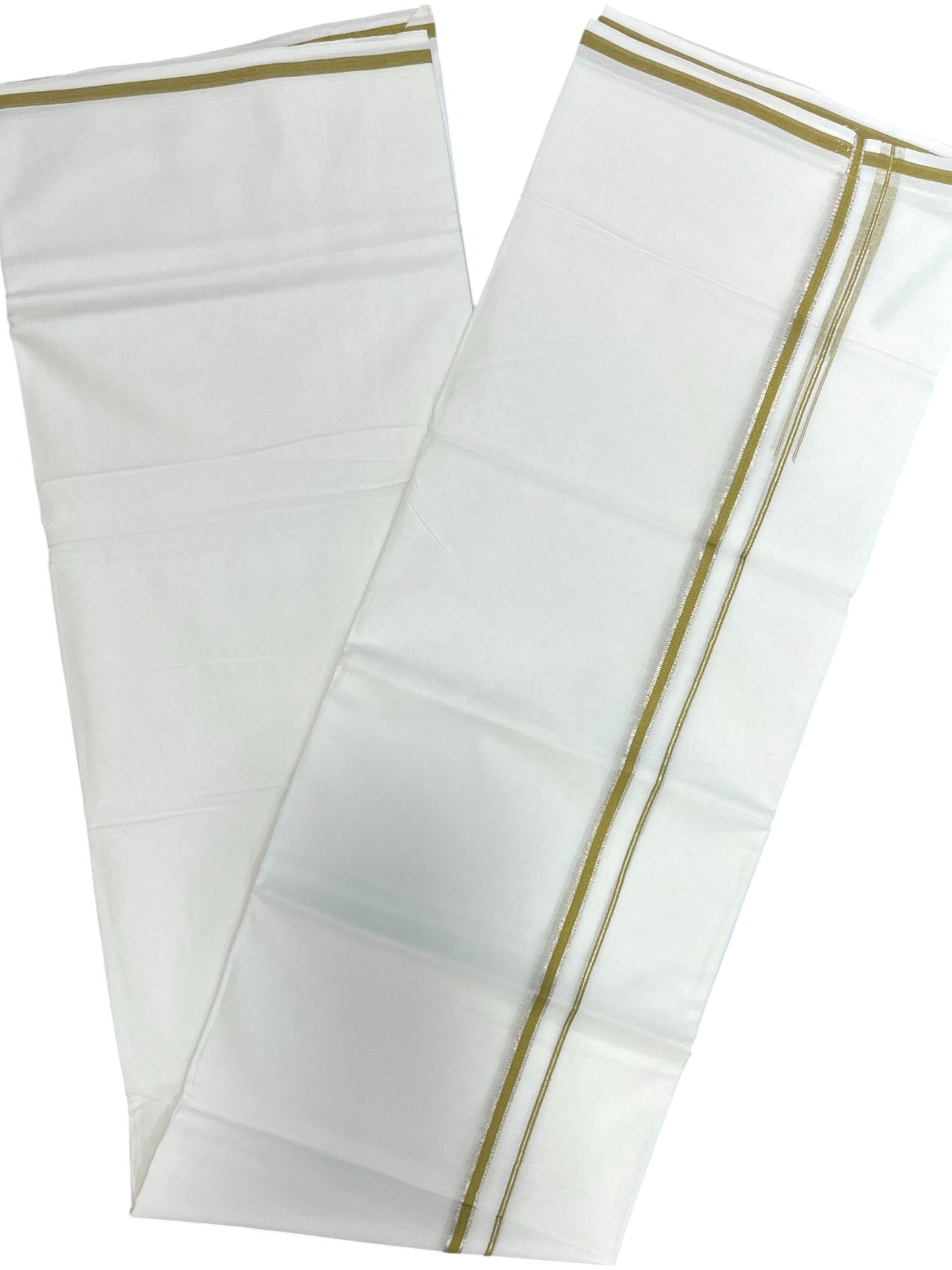 Pure White Cotton Double Mundu with Silver and Green Chutti Kara (South Indian Dhoti)