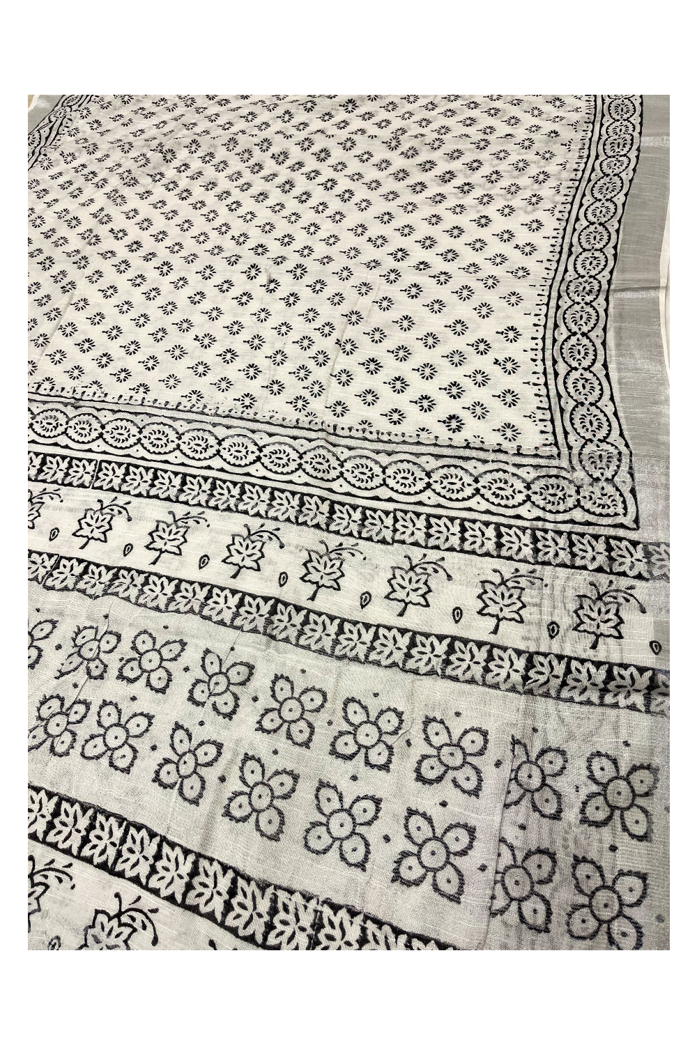 Southloom Linen Pure White Designer Saree with Floral Prints