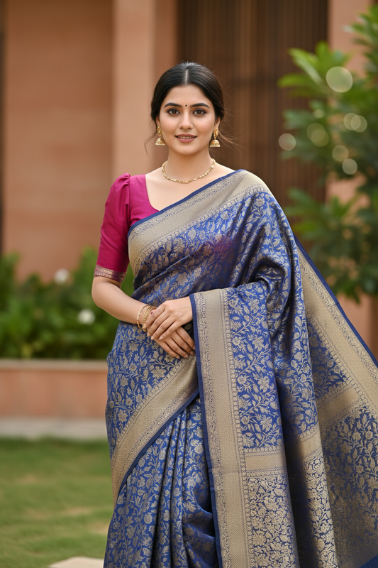 Southloom Semi Banarasi Katan Tissue Saree with Woven Work on Body and Borders (Magenta & Blue)