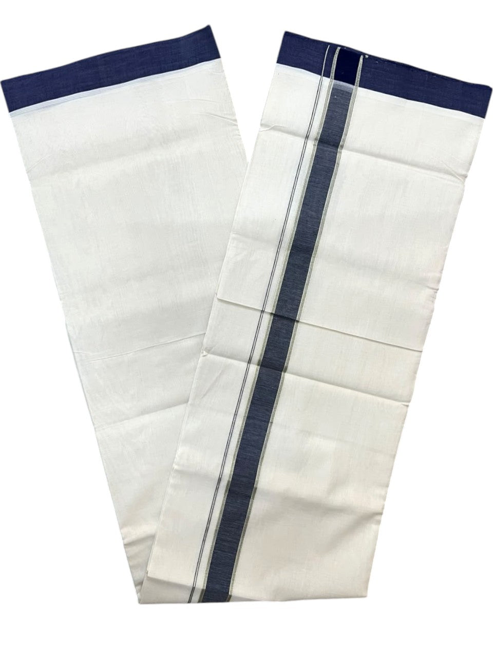 Southloom Balaramapuram Unakkupaavu Premium Handloom Cotton Double Mundu with Gold Kasavu and Blue Border