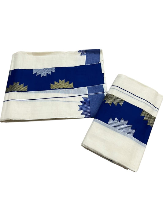 Southloom Pure Cotton Single Set Mundu (Mundum Neriyathum) Temple Design & Blue Border 2.80 Mtrs SL631