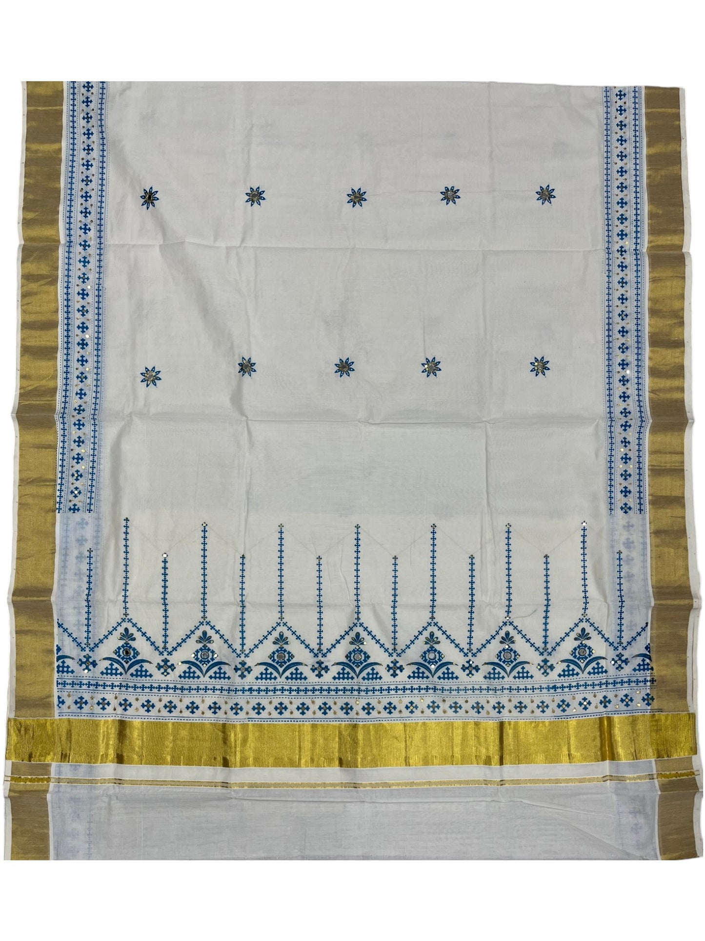 Southloom Pure Cotton Kerala Kasavu Saree with Blue Embroidery Designs