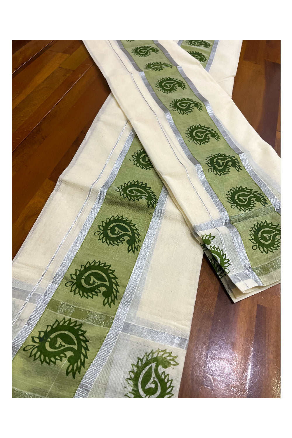 Kerala Cotton Set Mundu Single (Mundum Neriyathum) with Block Prints on Silver Kasavu and Olive Green Border