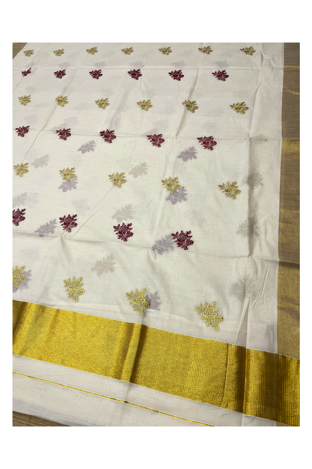 Kerala Cotton Kasavu Saree with Floral Embroidery Works