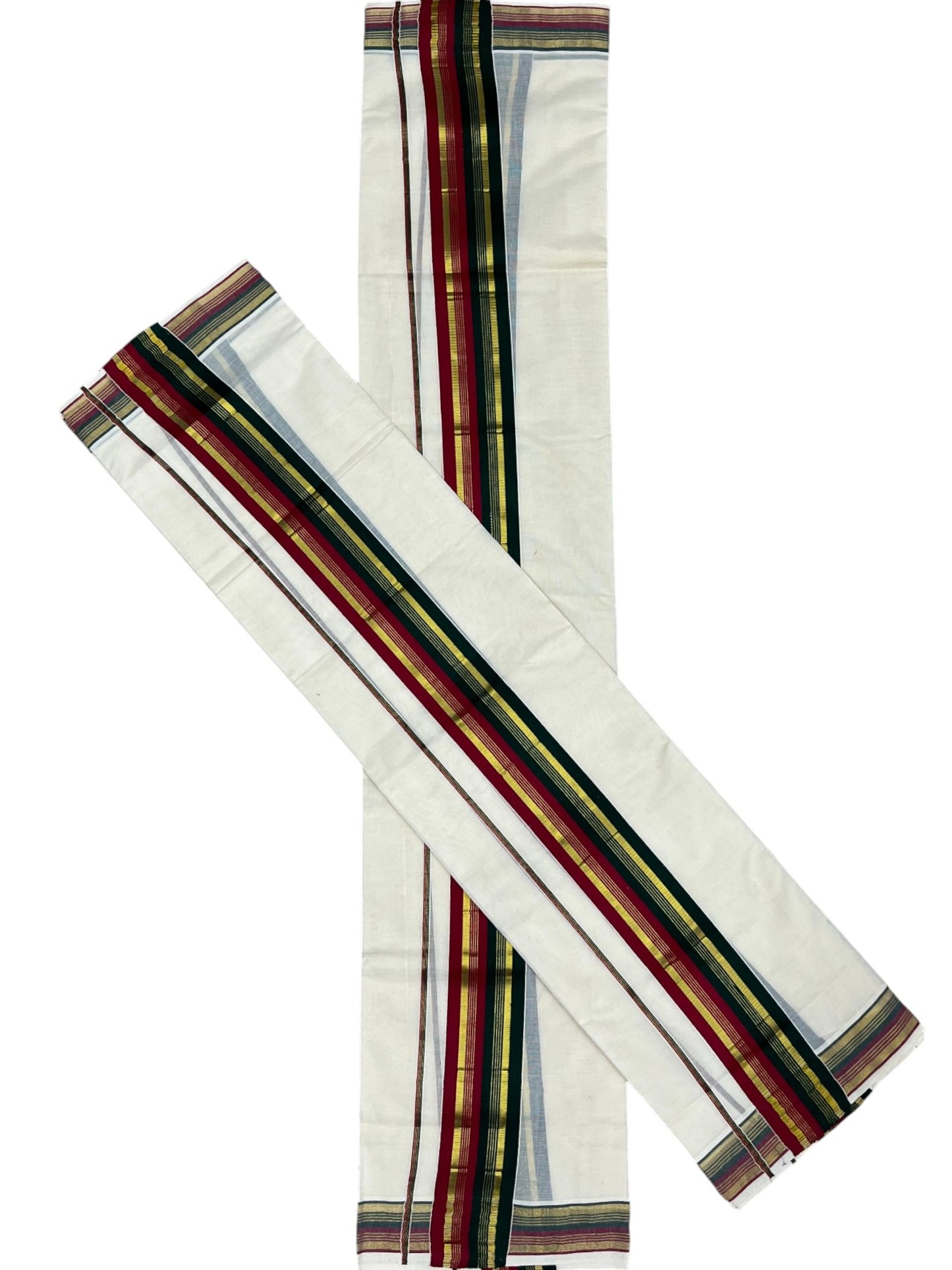 Southloom Kerala Cotton Kasavu Single Set Mundu (Mundum Neriyathum) with Green and Maroon Kasavu Border SLKK