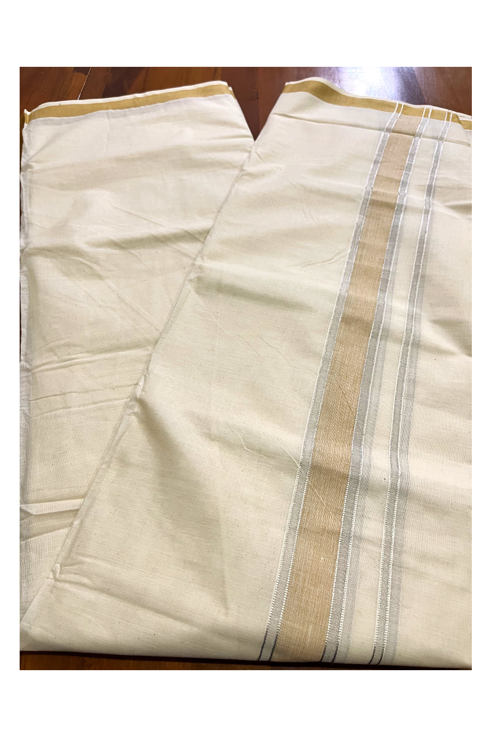 Pure Cotton Kerala Double Mundu with Silver Kasavu and Yellow Border (South Indian Kerala Dhoti)