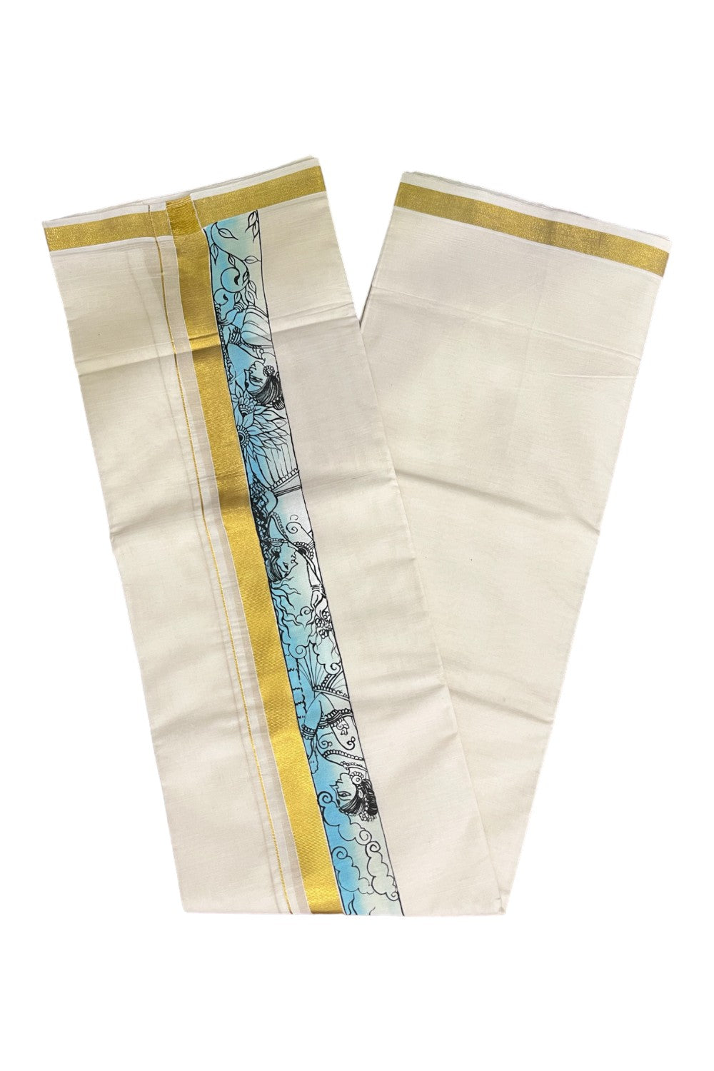 Kerala Pure Cotton Double Mundu with Mural Hand Painted Design on Kasavu Border (South Indian Kerala Dhoti)