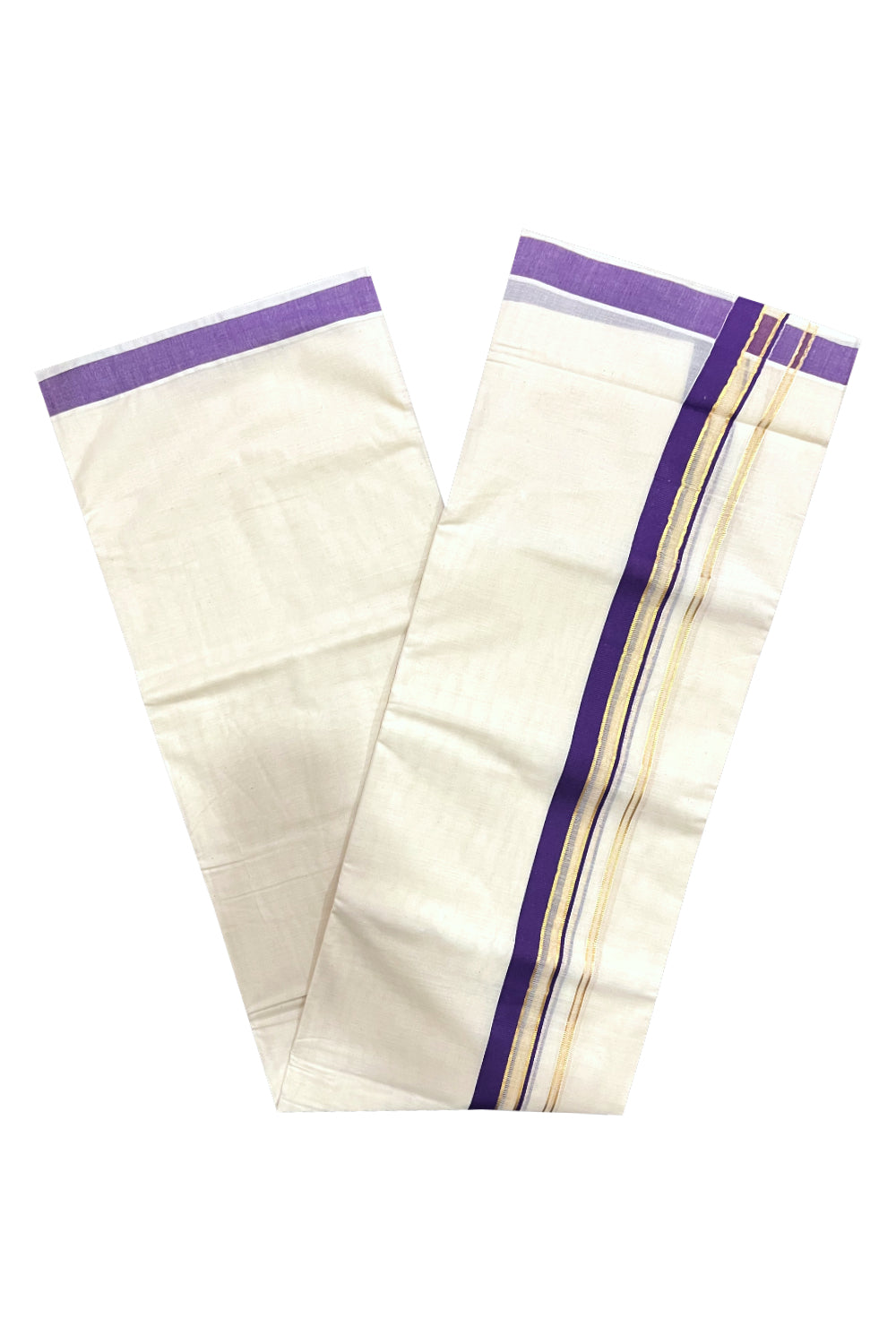 Kerala Pure Cotton Double Mundu with Violet and Kasavu Border (South Indian Kerala Dhoti)