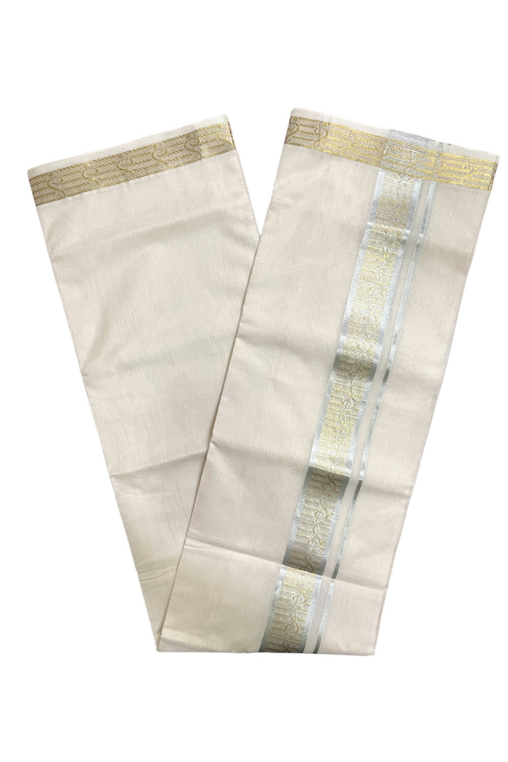 Southloom Premium Balaramapuram Unakkupaavu Handloom Mundu with Silver and Golden Kasavu Design Border (South Indian Kerala Dhoti)