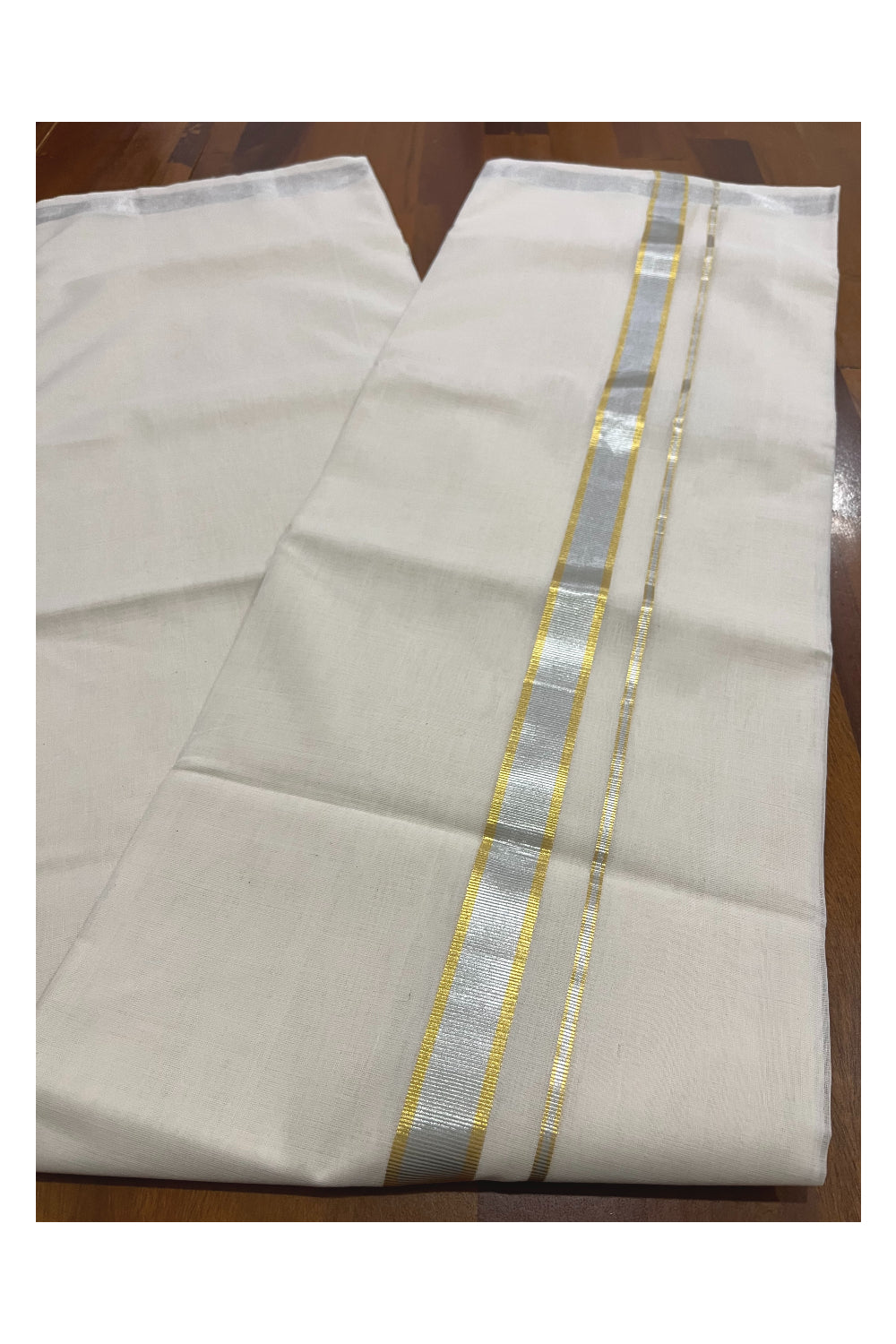 Southloom Premium Balaramapuram Unakkupaavu Wedding Handloom Mundu with Golden and Silver Kasavu Border (South Indian Kerala Dhoti)