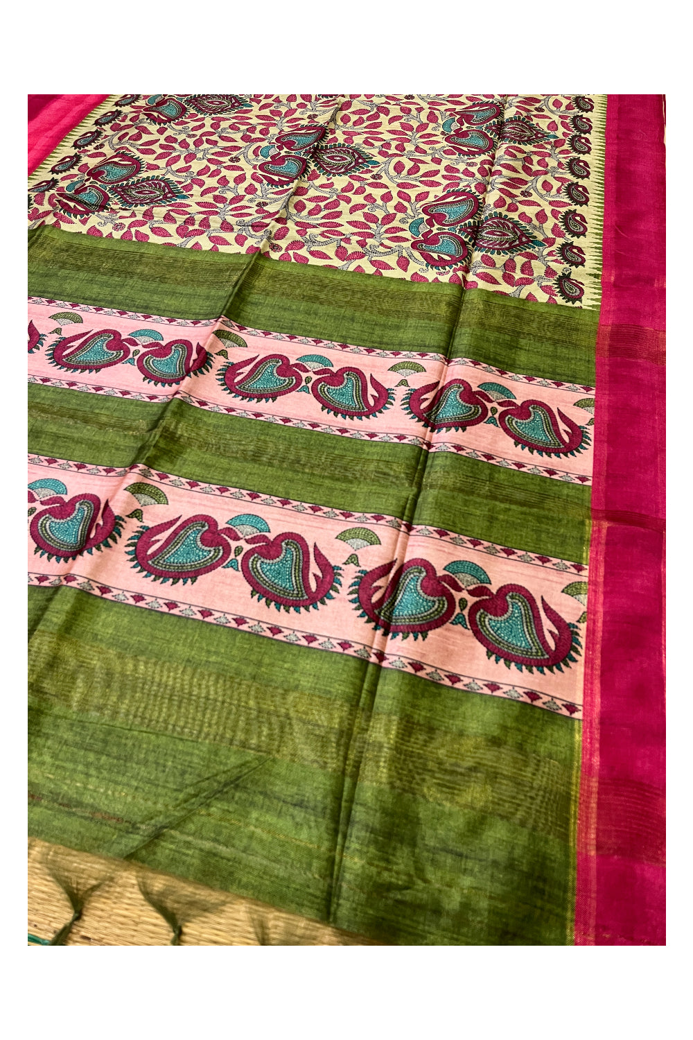 Southloom Semi Tussar Green and Pink Designer Saree with Floral Woven Works