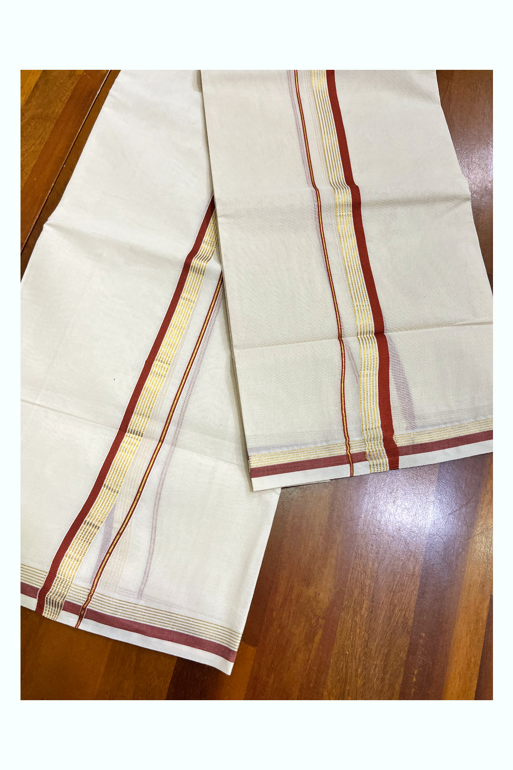 Kerala Pure Cotton Single Set Mundu (Mundum Neriyathum) with Brick Red and Kasavu Border - 2.80Mtrs (Onam 2024 Collection)