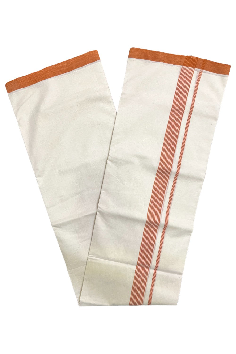 Premium Balaramapuram Handloom Unakkupaavu Cotton Double Mundu with Orange Line Border (Vishu 2024 Collection)