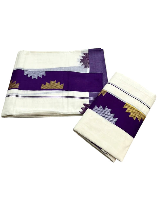 Southloom Pure Cotton Single Set Mundu (Mundum Neriyathum) With Temple Design & Voilet Border 2.80 Mtrs SL631
