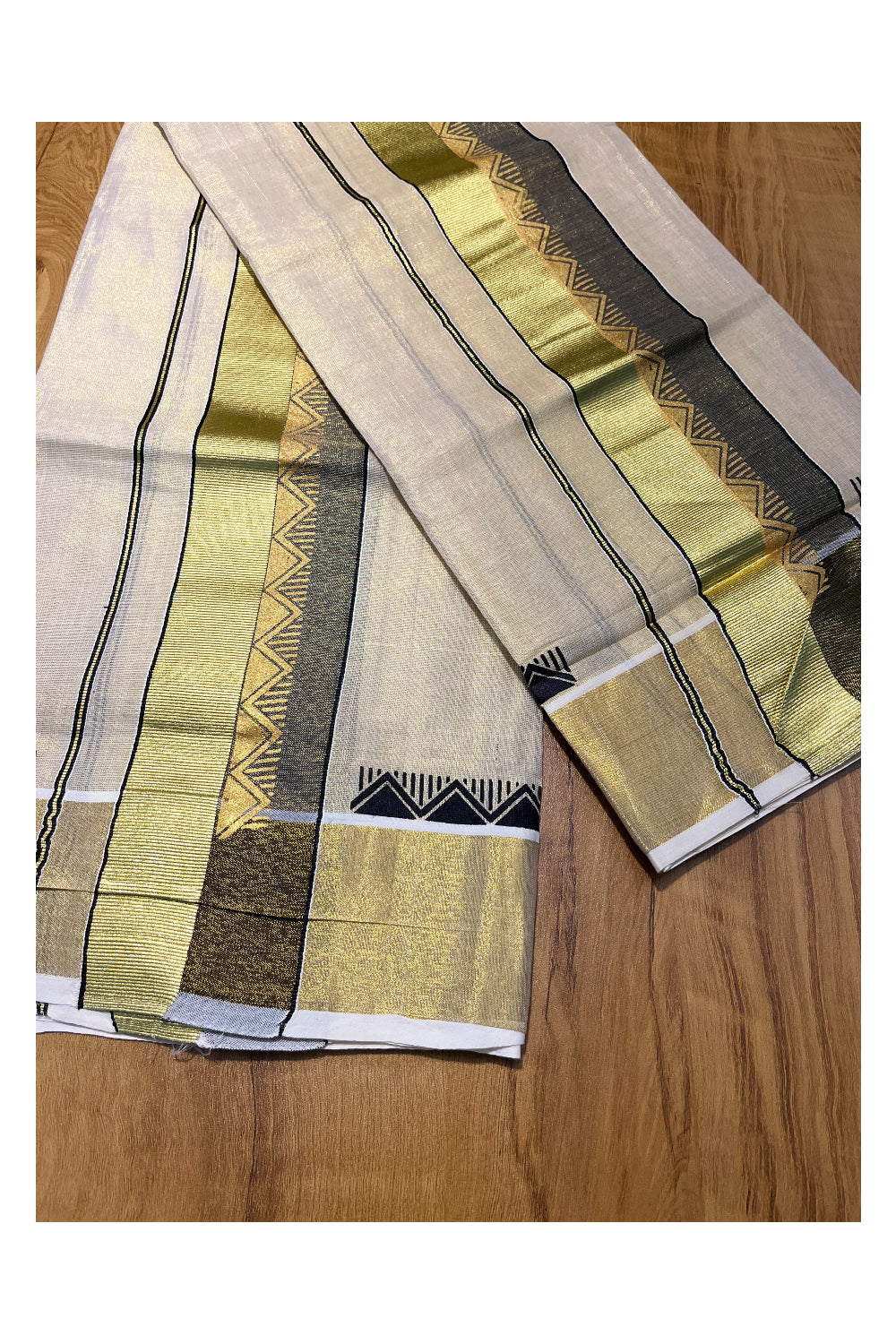 Kerala Tissue Single Set Mundu (Mundum Neriyathum) with Black and Kasavu Printed Border 2.80Mtr