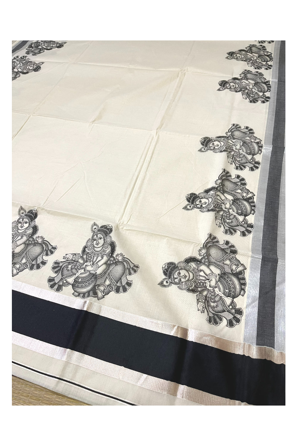 Pure Cotton Kerala Silver Kasavu Saree with Krishna Mural Prints and Black Border (Onam Saree 2023)