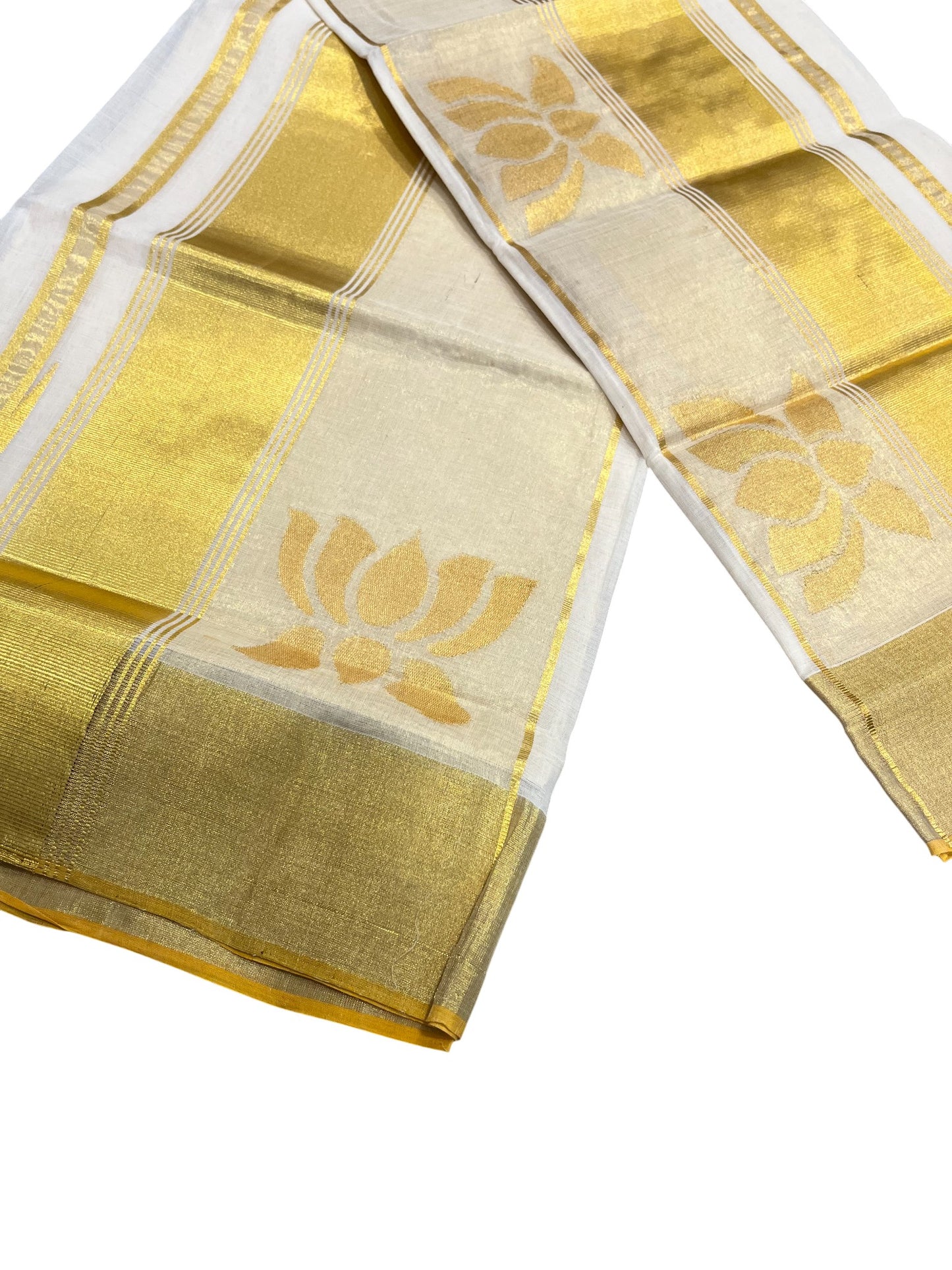 Southloom Super Premium Balaramapuram Handloom Pure Cotton Unakkupaavu Lotus Design Wedding Pudava Set Mundu