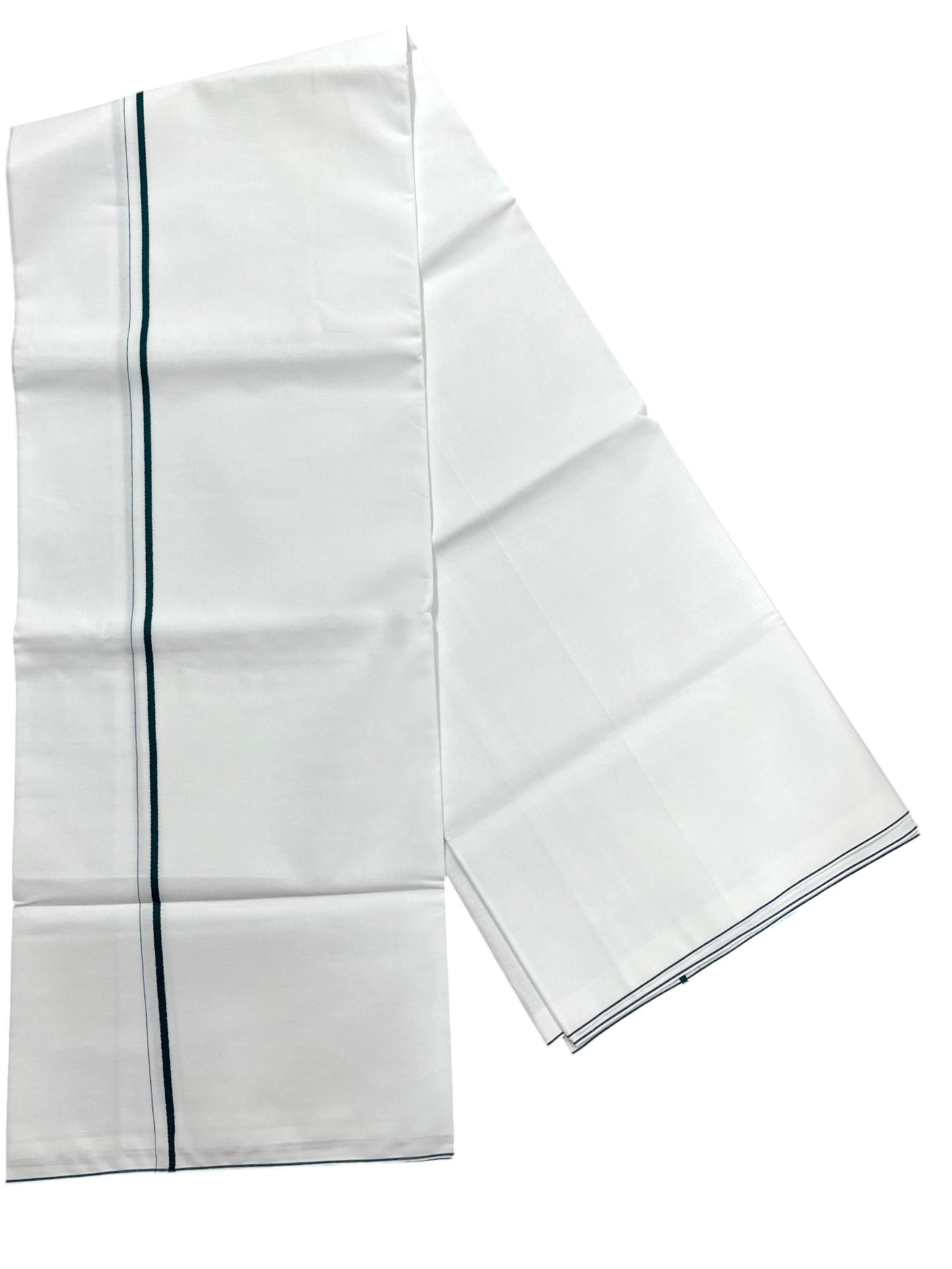Southloom Pure White Cotton Single Eerkkil Kara Mundu with Peacock Green Border (South Indian Kerala Dhoti)