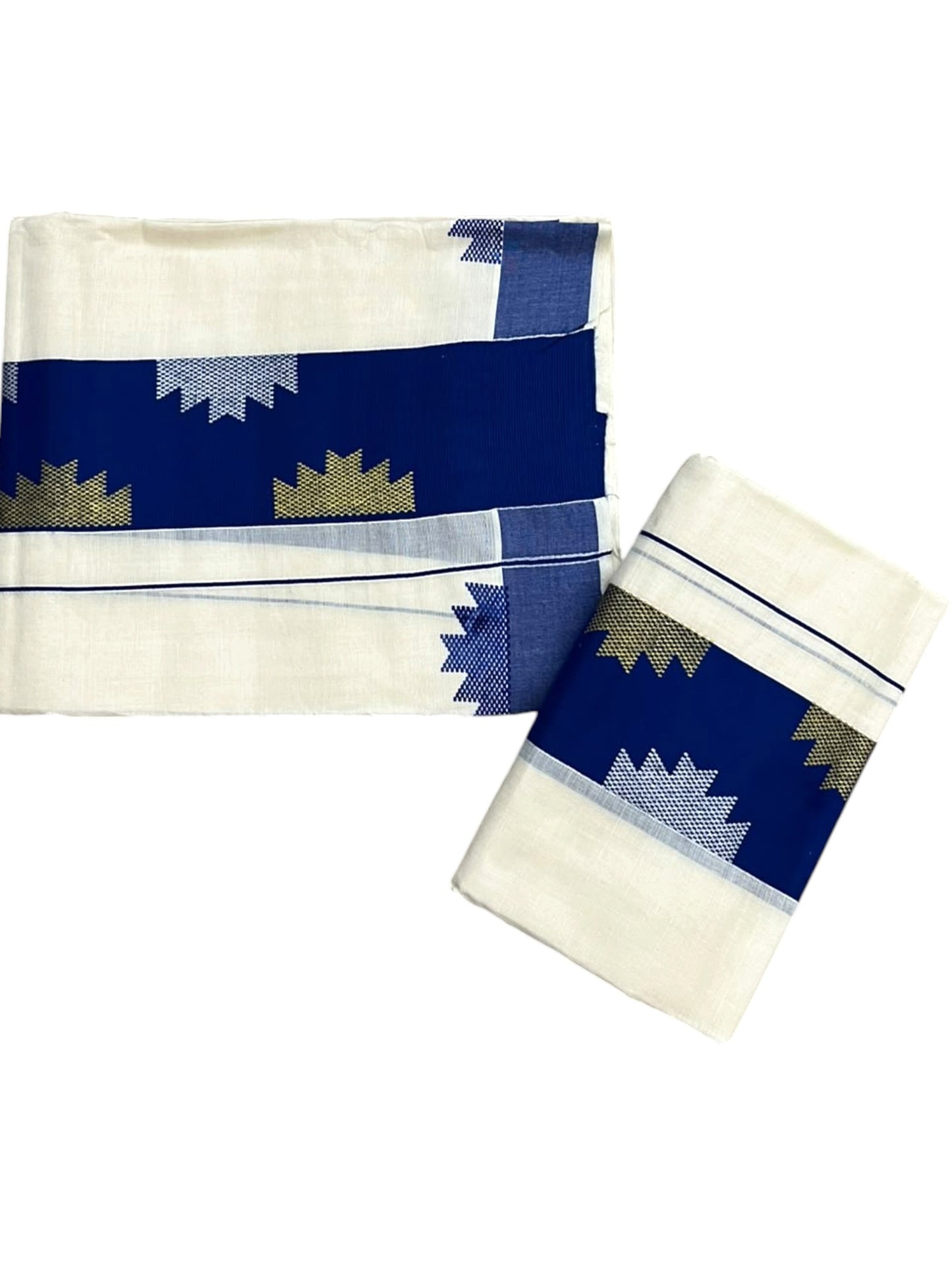 Southloom Pure Cotton Single Set Mundu (Mundum Neriyathum) Temple Design & Blue Border 2.80 Mtrs