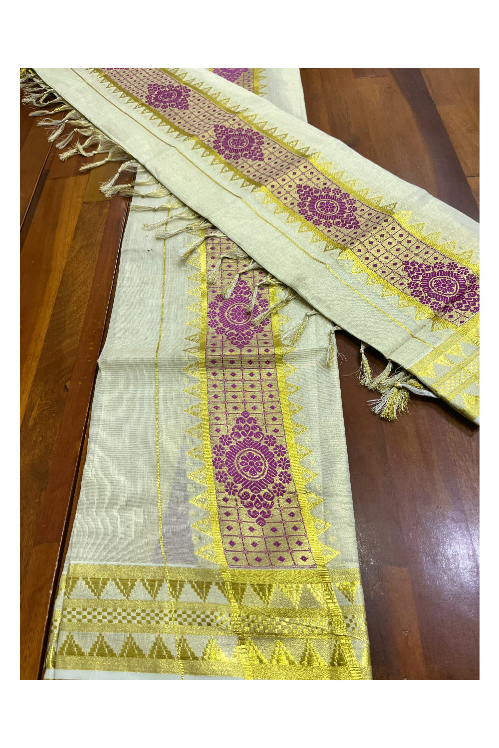 Kerala Tissue Single Set Mundu (Mundum Neriyathum) with Magenta Woven Floral Designs 2.80 Mtrs (Vishu 2024 Collection)