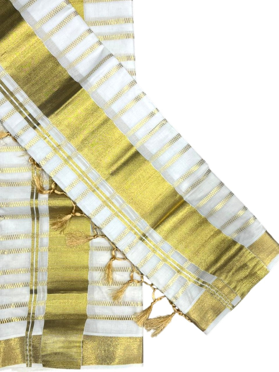Southloom Cotton Kerala Kasavu Set Mundu (Mundum Neriyathum) with Golden Tassels 2.80 Mtrs