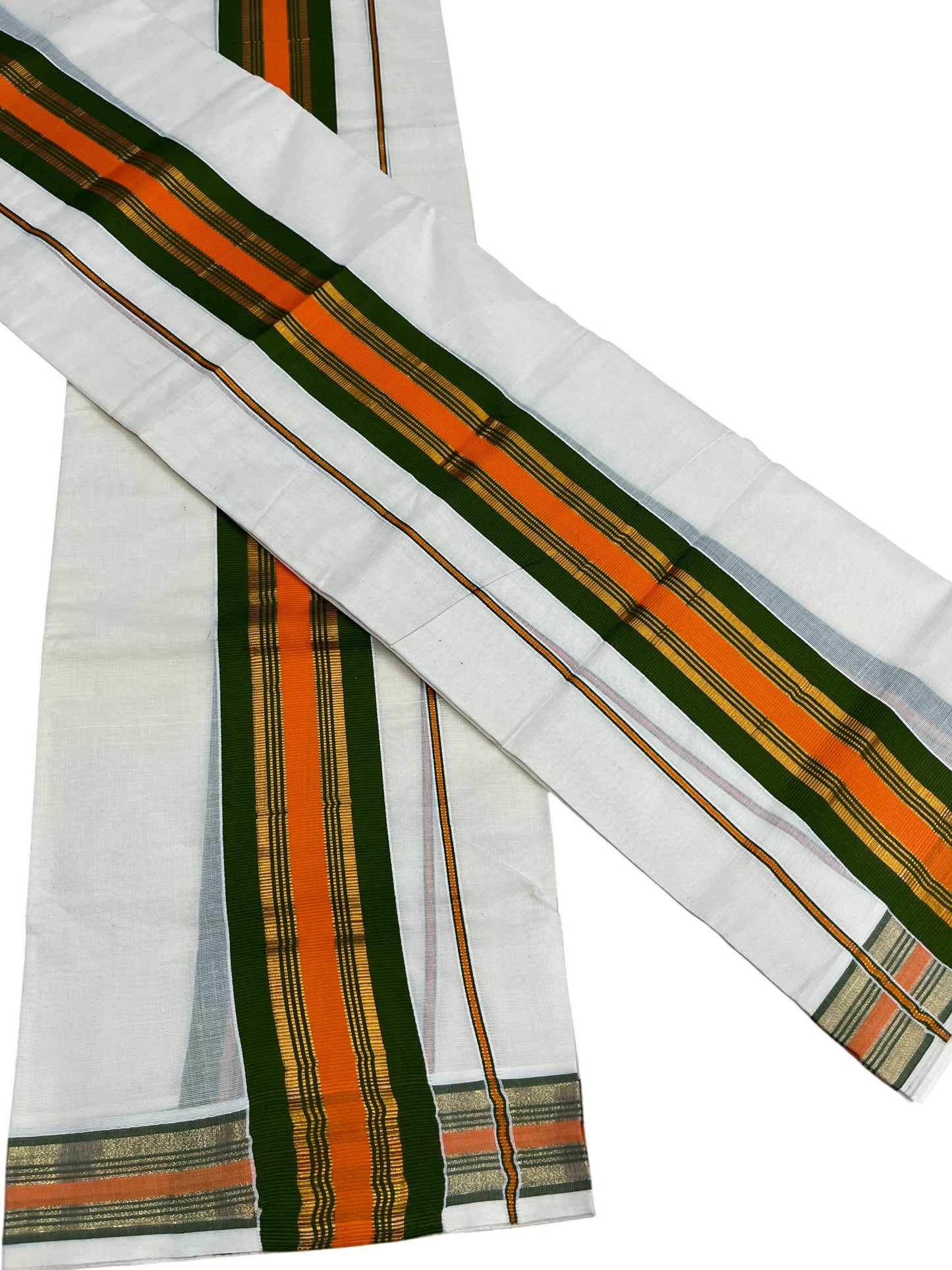Southloom Kerala Cotton Kasavu Single Set Mundu (Mundum Neriyathum) with Green And orange Kasavu Border