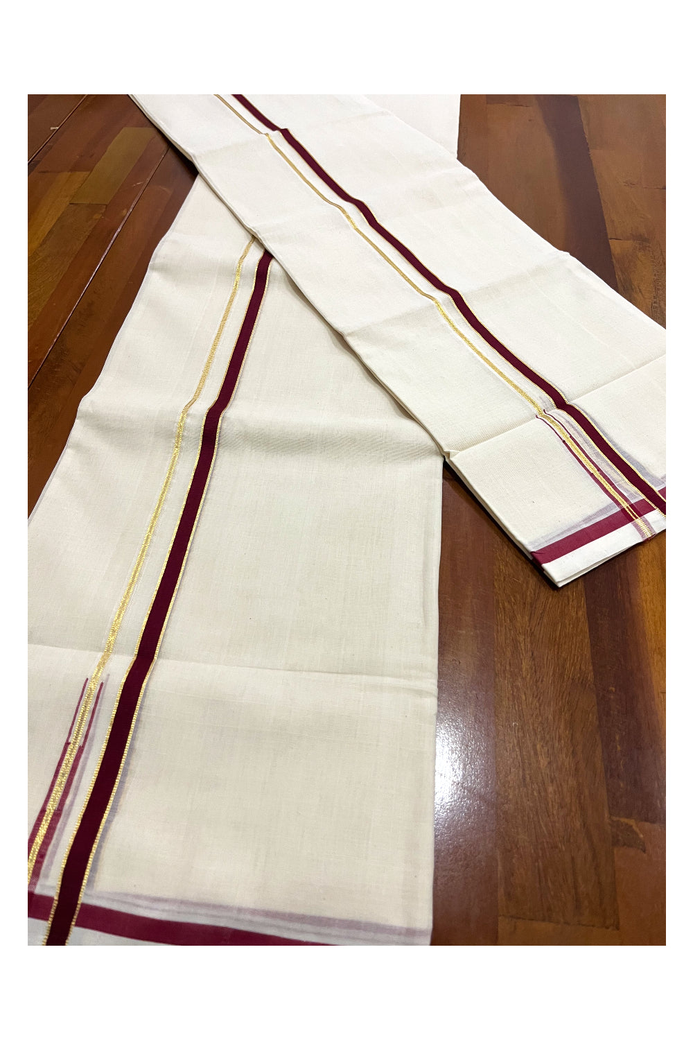 Southloom Premium Handloom Double Set Mundu (Mundum Neriyathum) with Maroon Puliyilakkara Kasavu Chutti Border